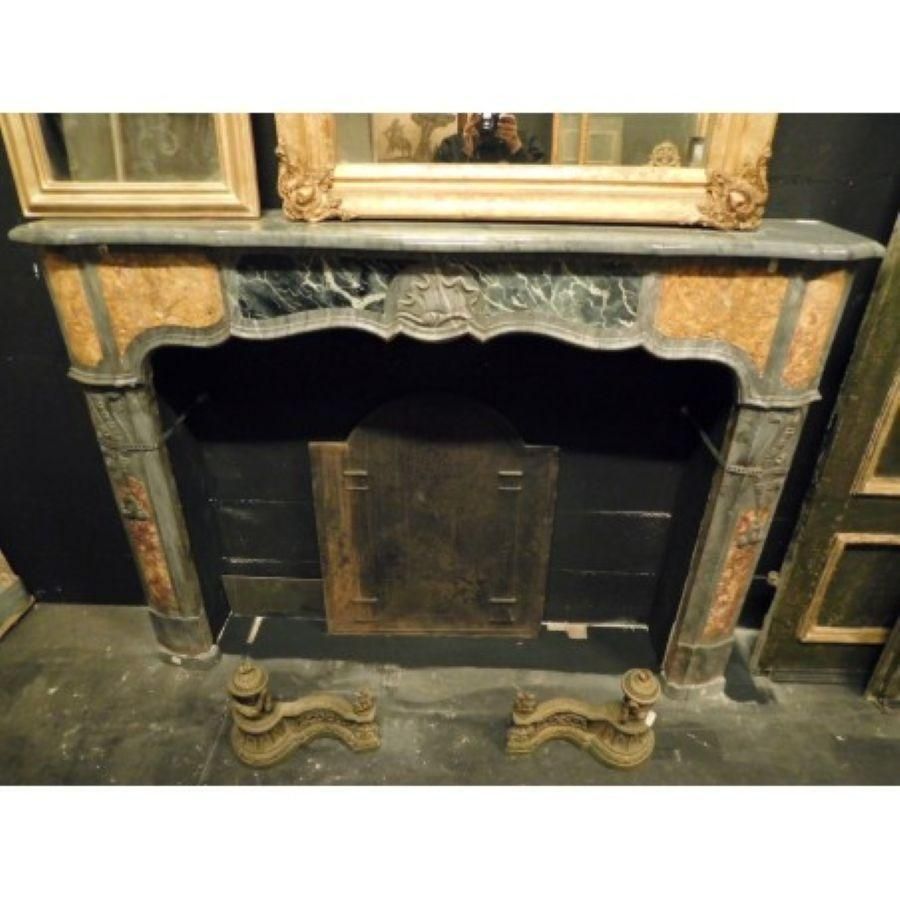 Fireplace Mantel In Inlaid Gray, Black And Yellow Marble, Carved Shell, Italy photo for sale