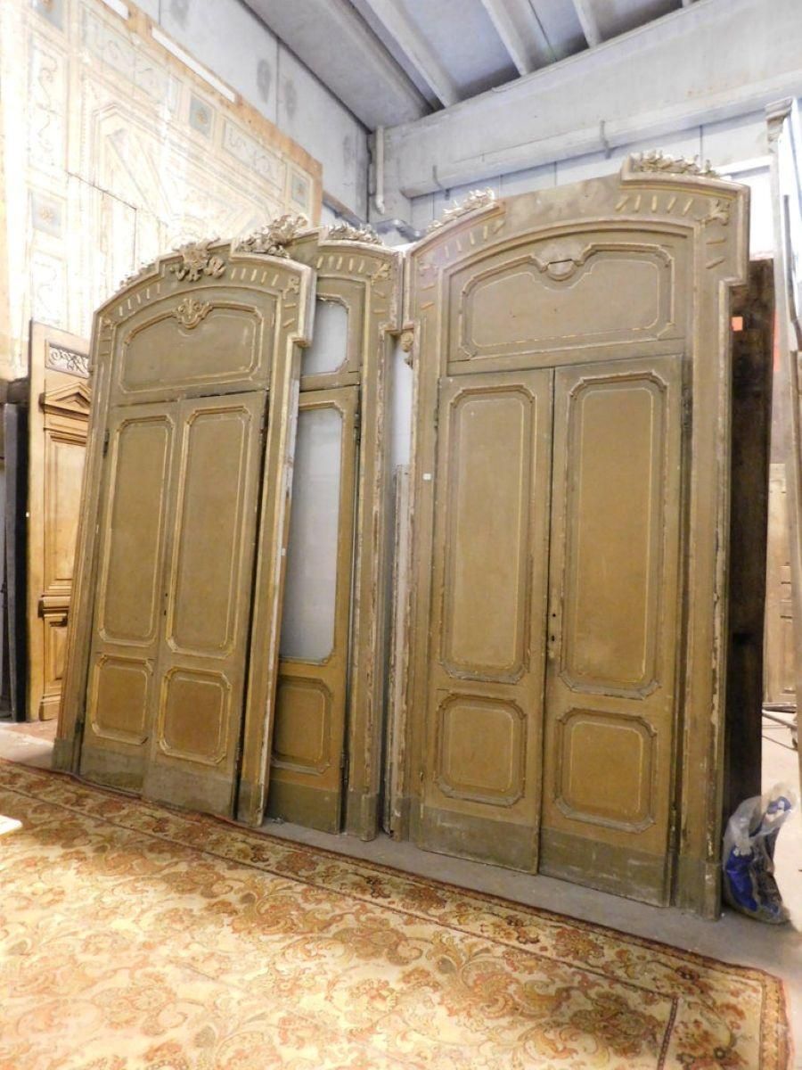 Set N.4 Doors Wood Lacquered Gold Green With Glass And Big Frame, Milan Italy photo for sale