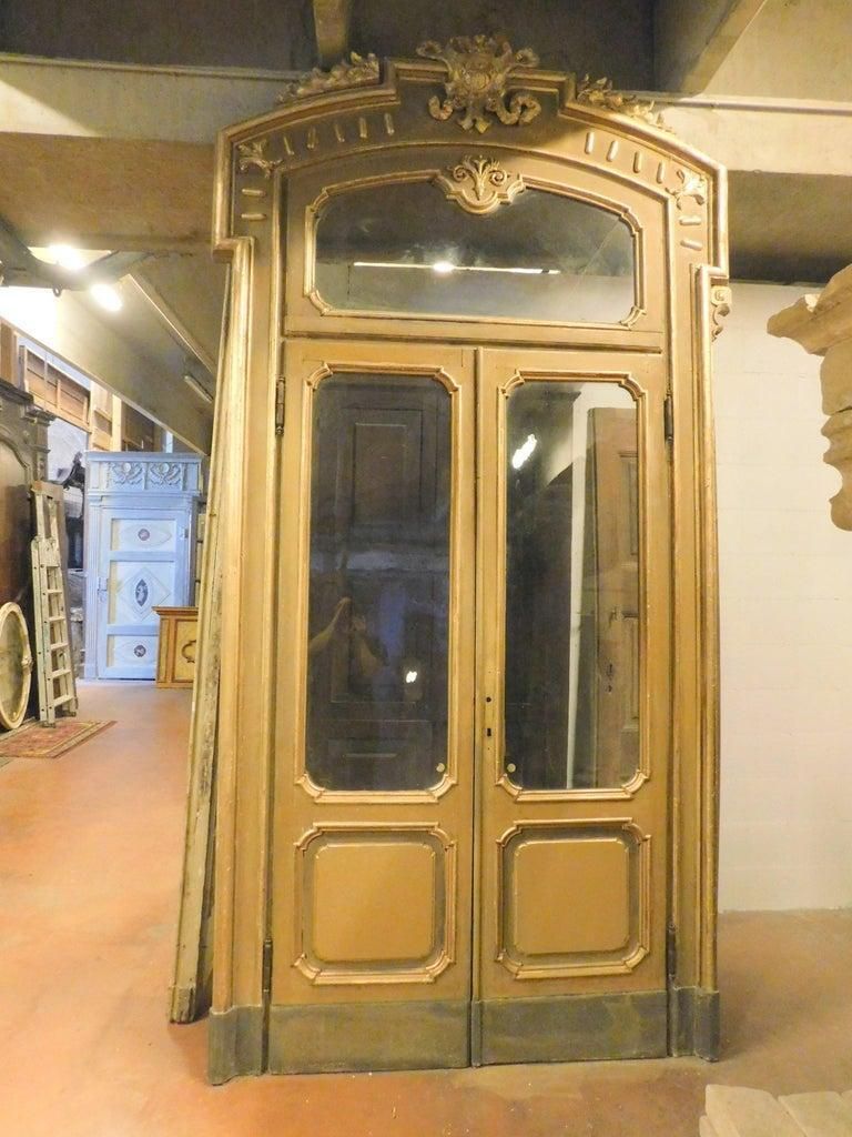 Set N.4 Doors Wood Lacquered Gold Green With Glass And Big Frame, Milan Italy photo Home Fixtures
