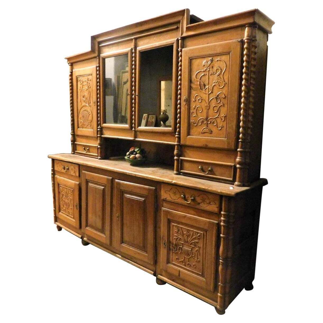 Rustic Sideboard, Double Body, Larch Wood, Carved Mountain Theme, Italy