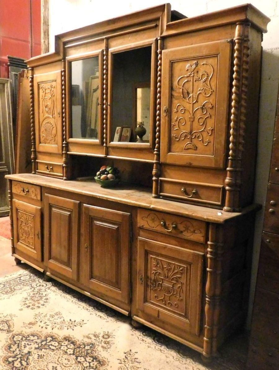 Rustic Sideboard, Double Body, Larch Wood, Carved Mountain Theme, Italy photo for sale