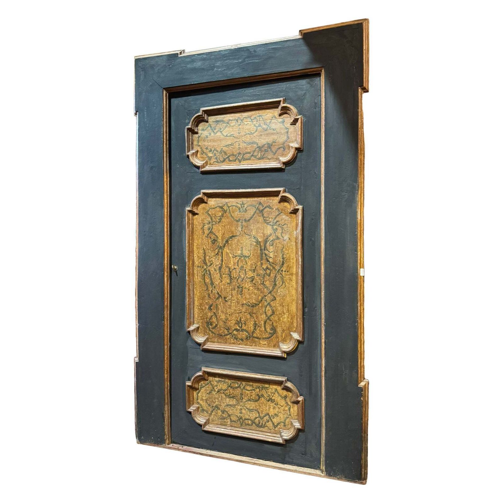 Lacquered Wood Door, Painted Panels With Molure Molding And Frame, Italy