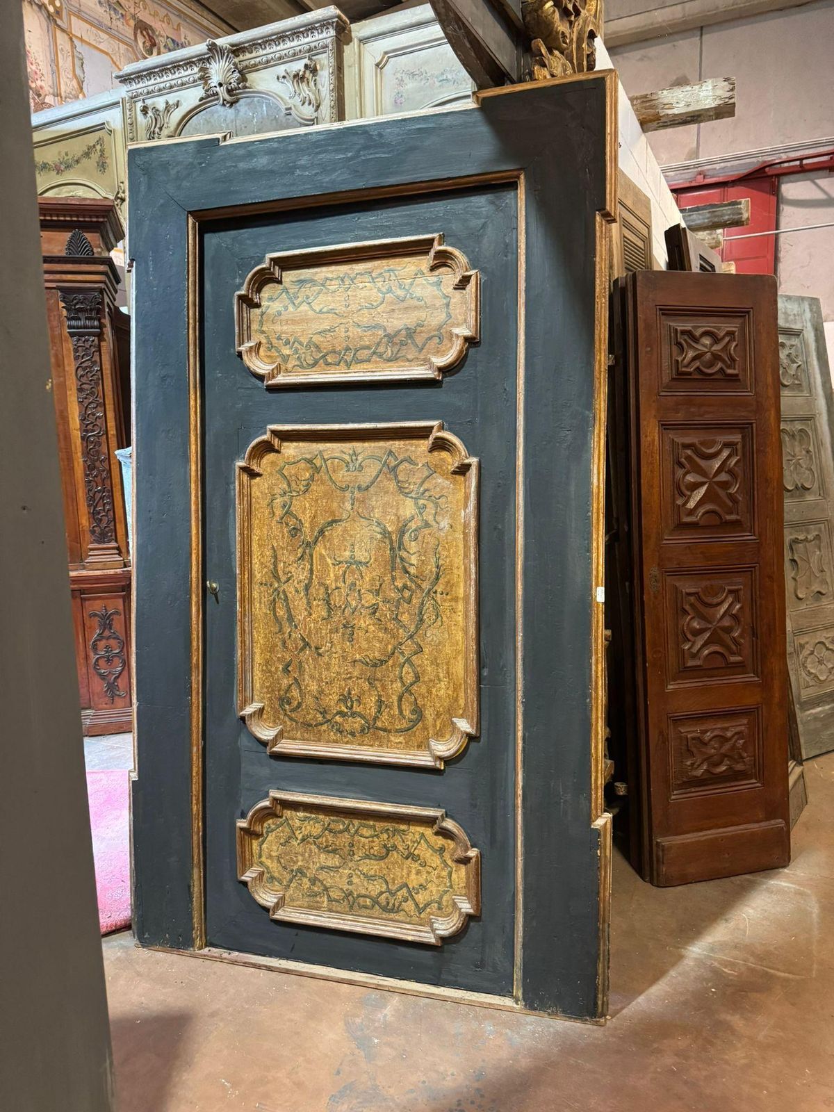 Lacquered Wood Door, Painted Panels With Molure Molding And Frame, Italy photo for sale