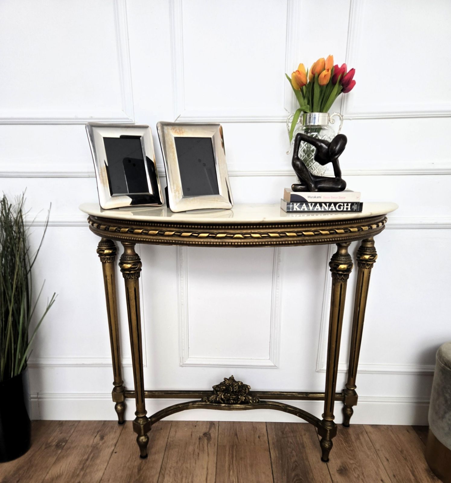 1950s Midcentury Italian Gitl Wood Demi Lune Wall Console Table With Marble Top photo furniture