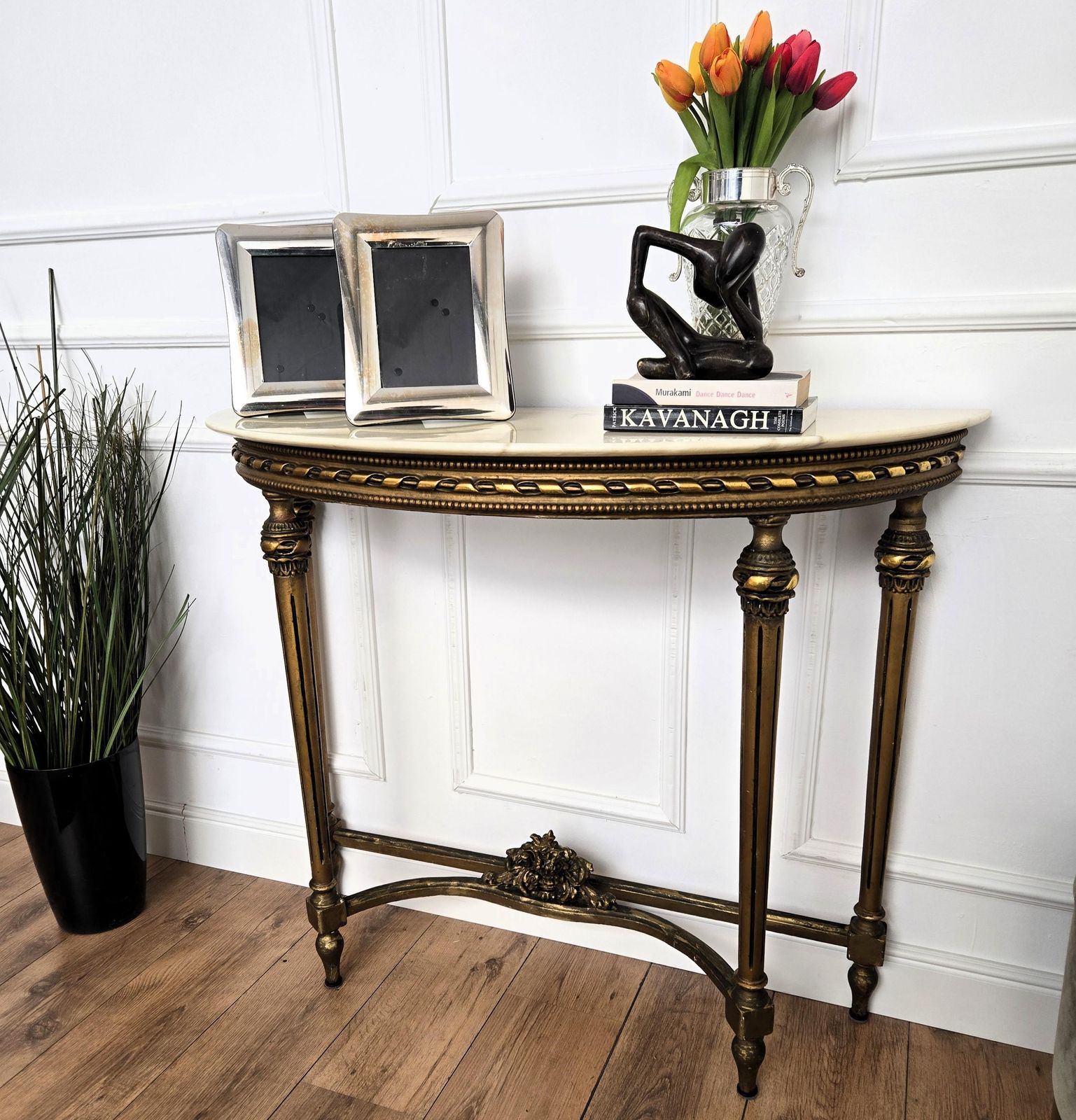 1950s Midcentury Italian Gitl Wood Demi Lune Wall Console Table With Marble Top photo for sale