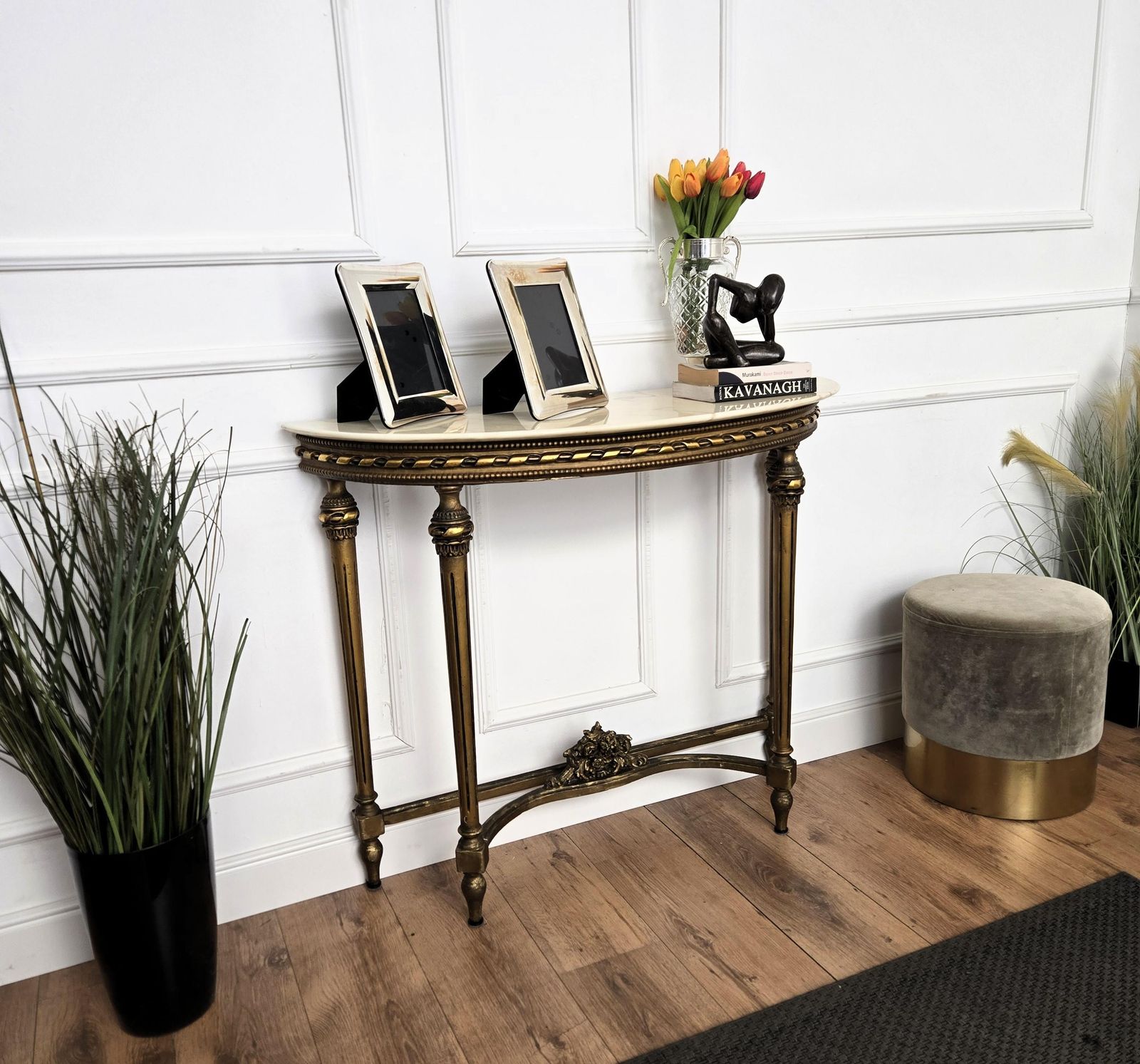 1950s Midcentury Italian Gitl Wood Demi Lune Wall Console Table With Marble Top photo Furniture