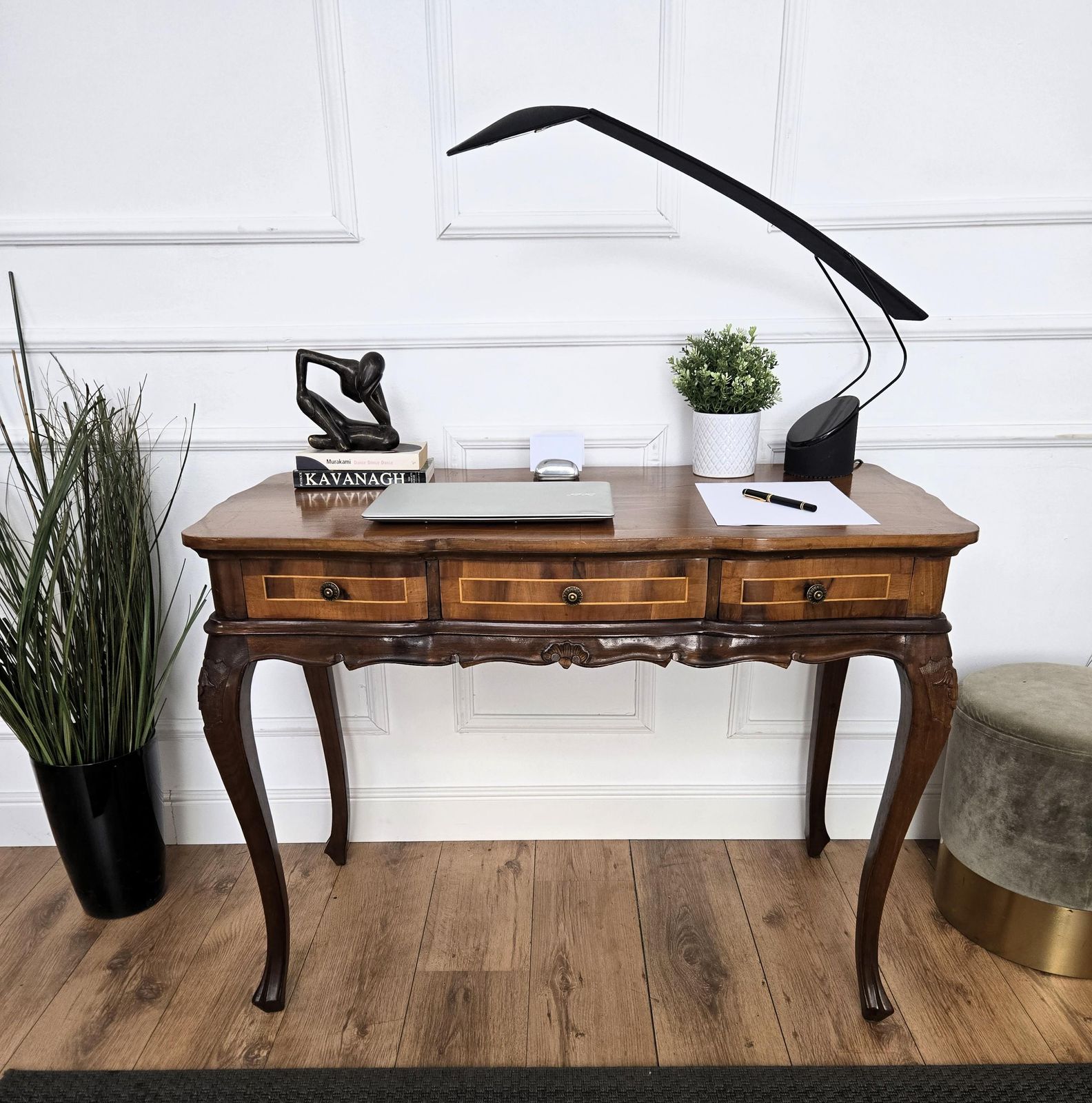 Antique Italian Kidney Shaped Inlay Walnut Burl Wood Writing Desk Table photo furniture