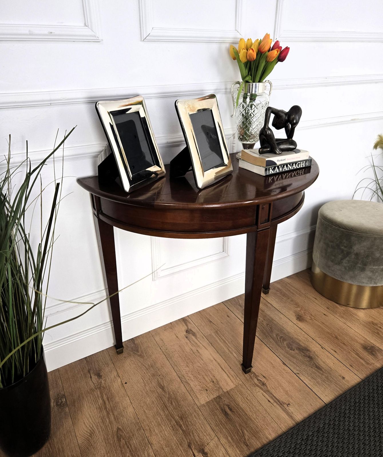 Mid Century Italian Wood Demi Lune Wall Console Side Table With Hidden Drawers photo for sale