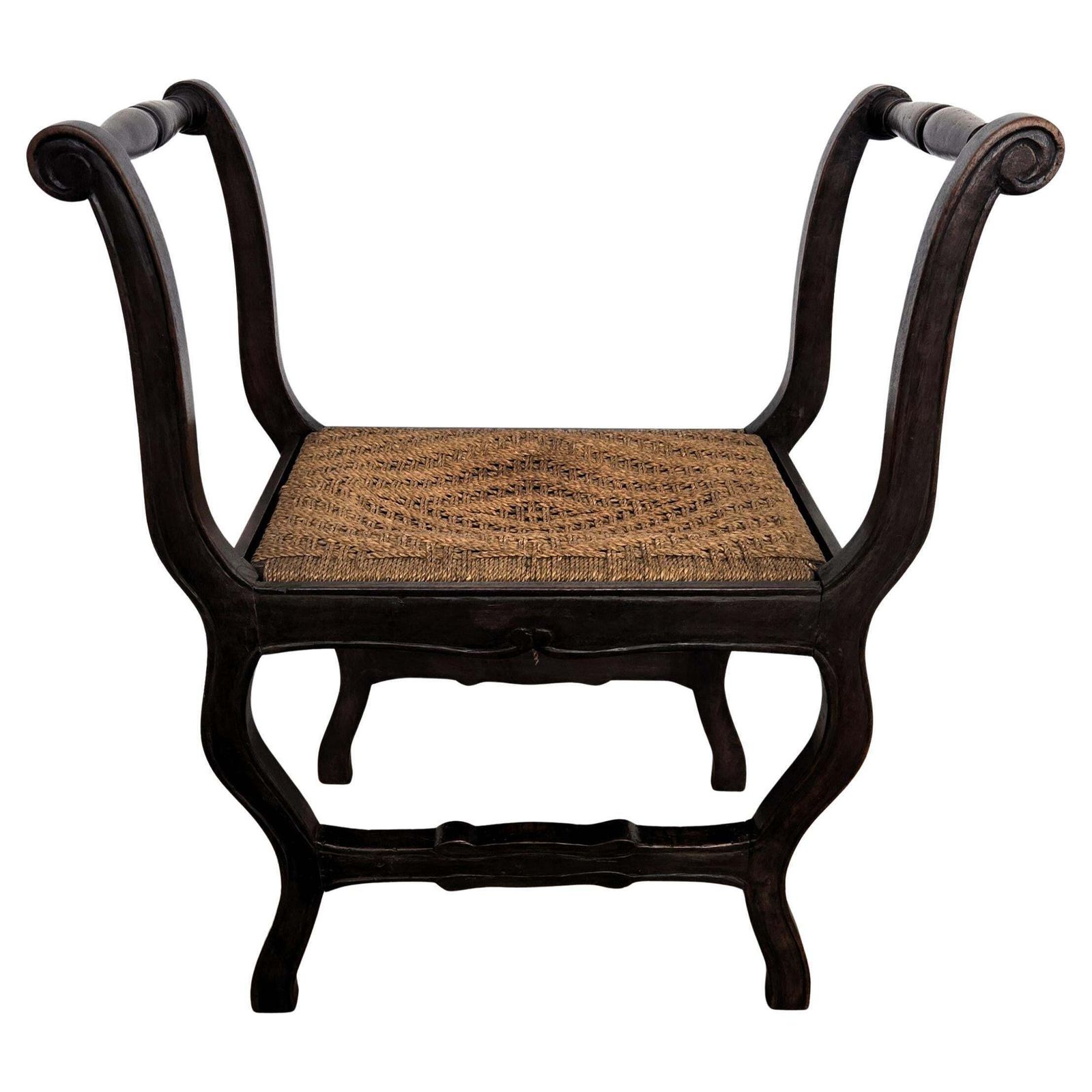 1960s Italian Midcentury Carved Wood And Cord Woven Rope Stool
