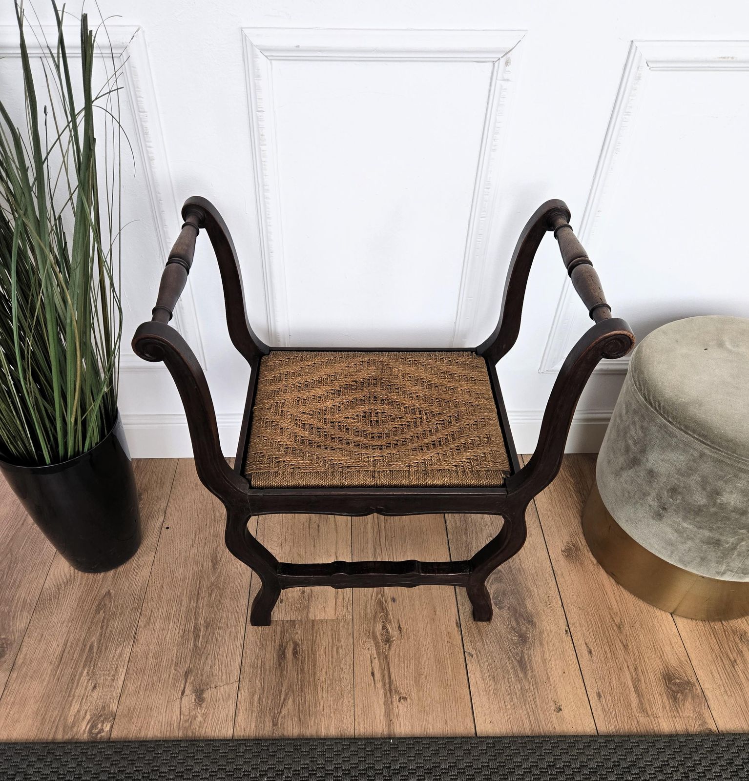 1960s Italian Midcentury Carved Wood And Cord Woven Rope Stool photo vinterior