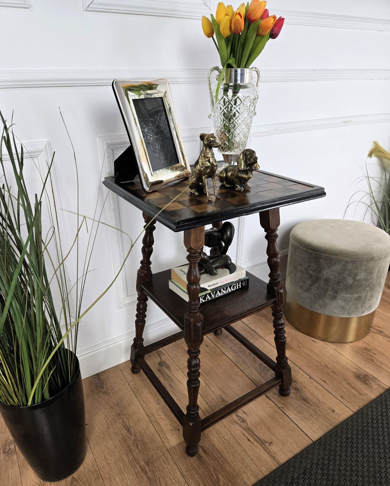 French Carved Oak Chess Game Top Carved Legs Etagere Side Table photo furniture