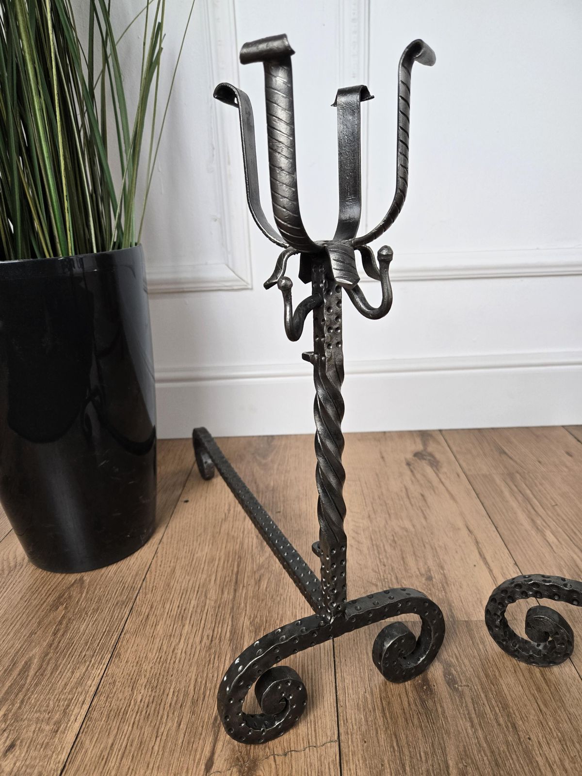 Pair Of Antique Italian Wrought Iron Andirons Fireplace Log Holder photo for sale