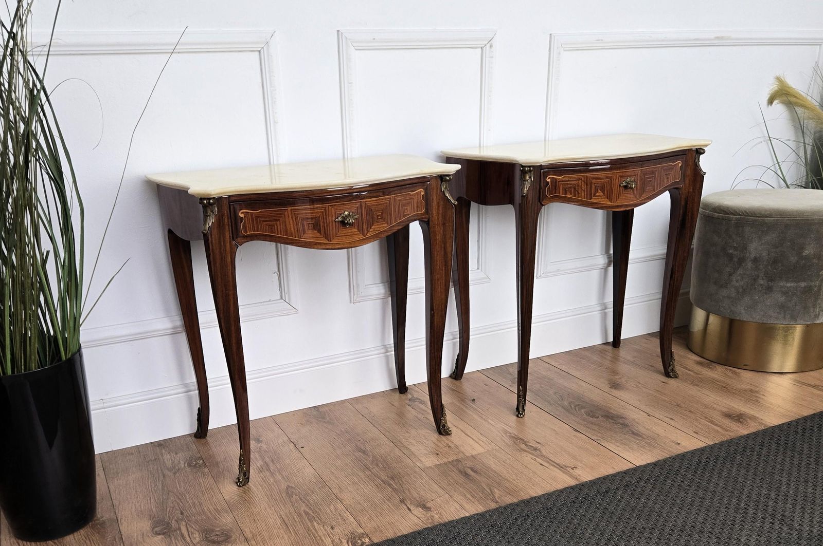 Pair Of Italian Mid Century Wood Marble Top Night Stands Bedside Tables photo vinterior