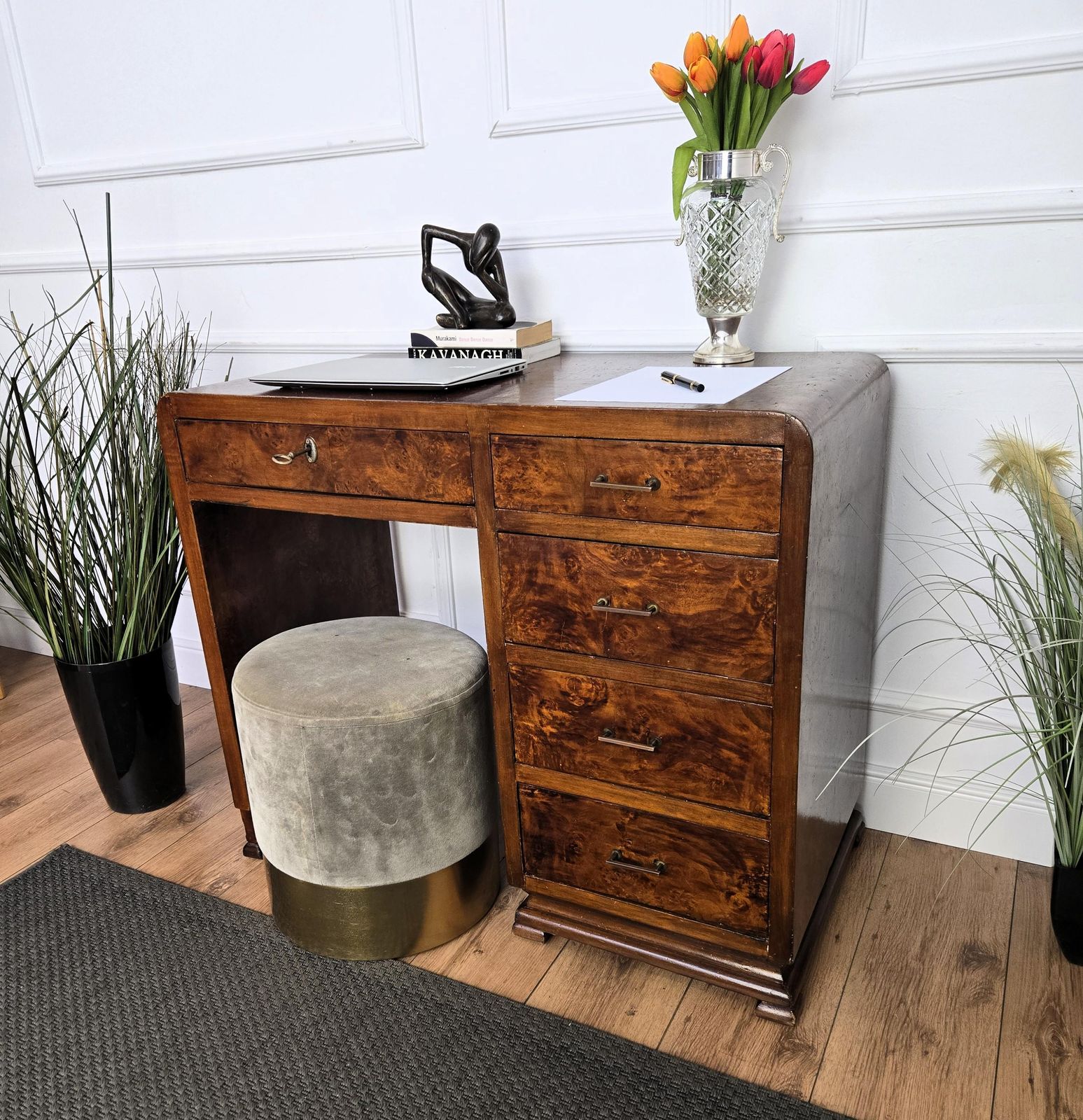 1940s Art Deco Midcentury Italian Walnut Burl Waterfall Writing Desk Table photo Furniture