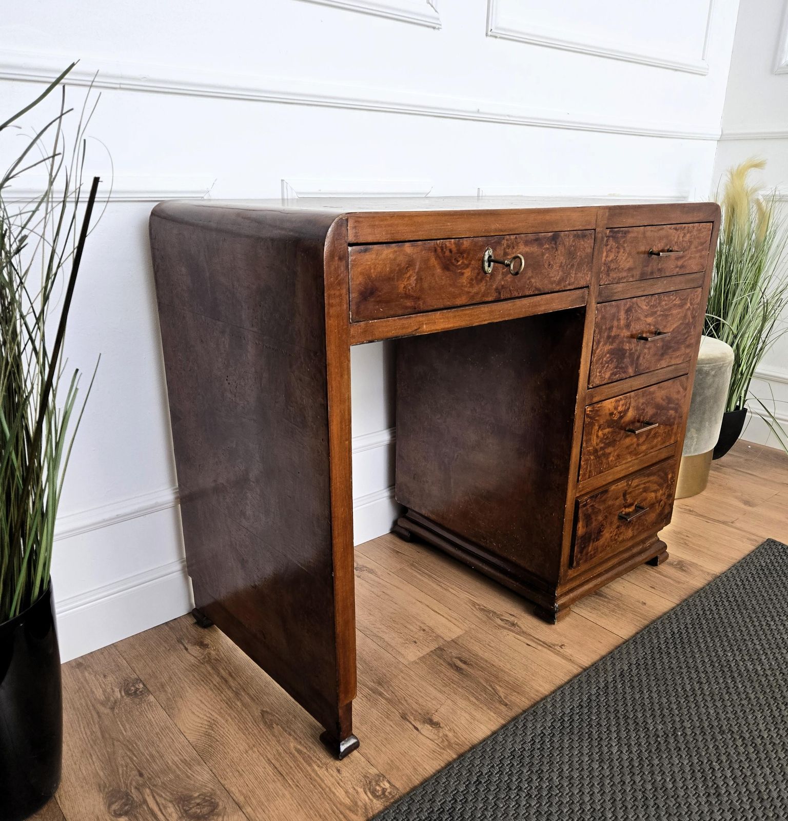 1940s Art Deco Midcentury Italian Walnut Burl Waterfall Writing Desk Table photo buy