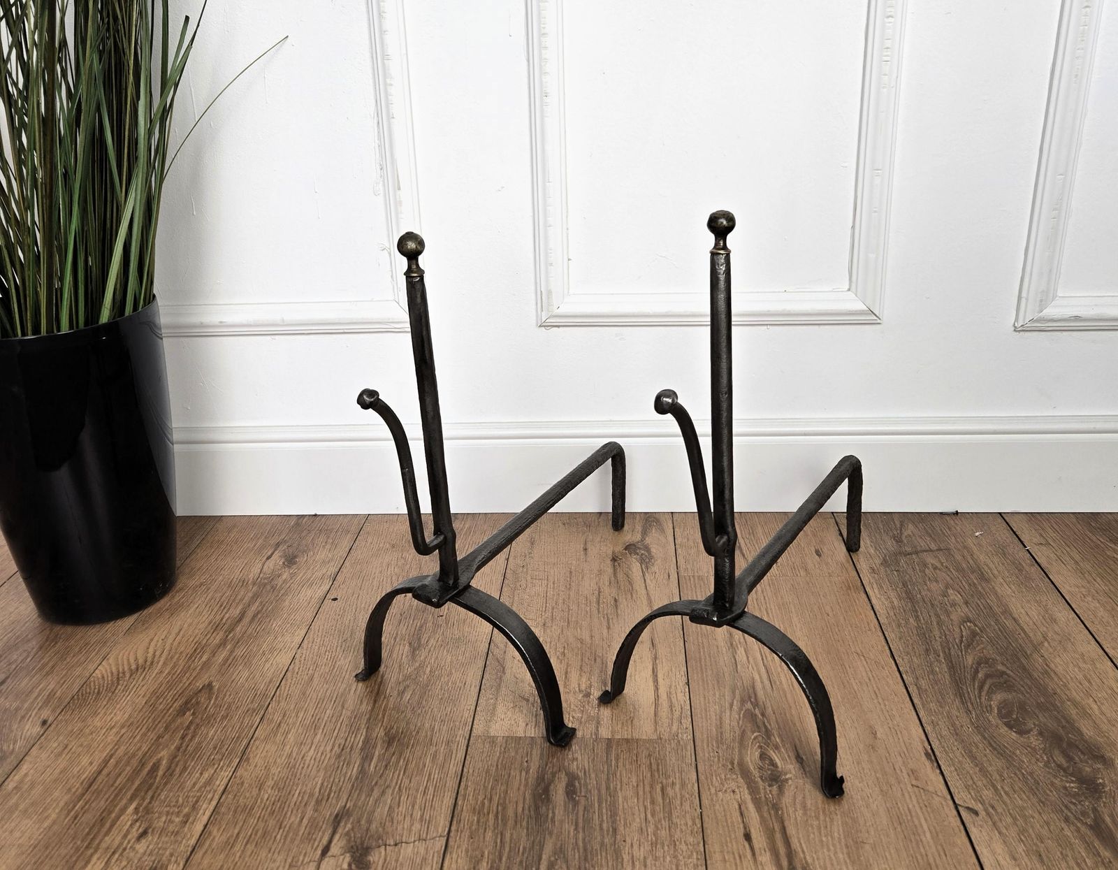 Pair Of Antique Italian Wrought Iron Andirons Fireplace Log Holder photo furniture