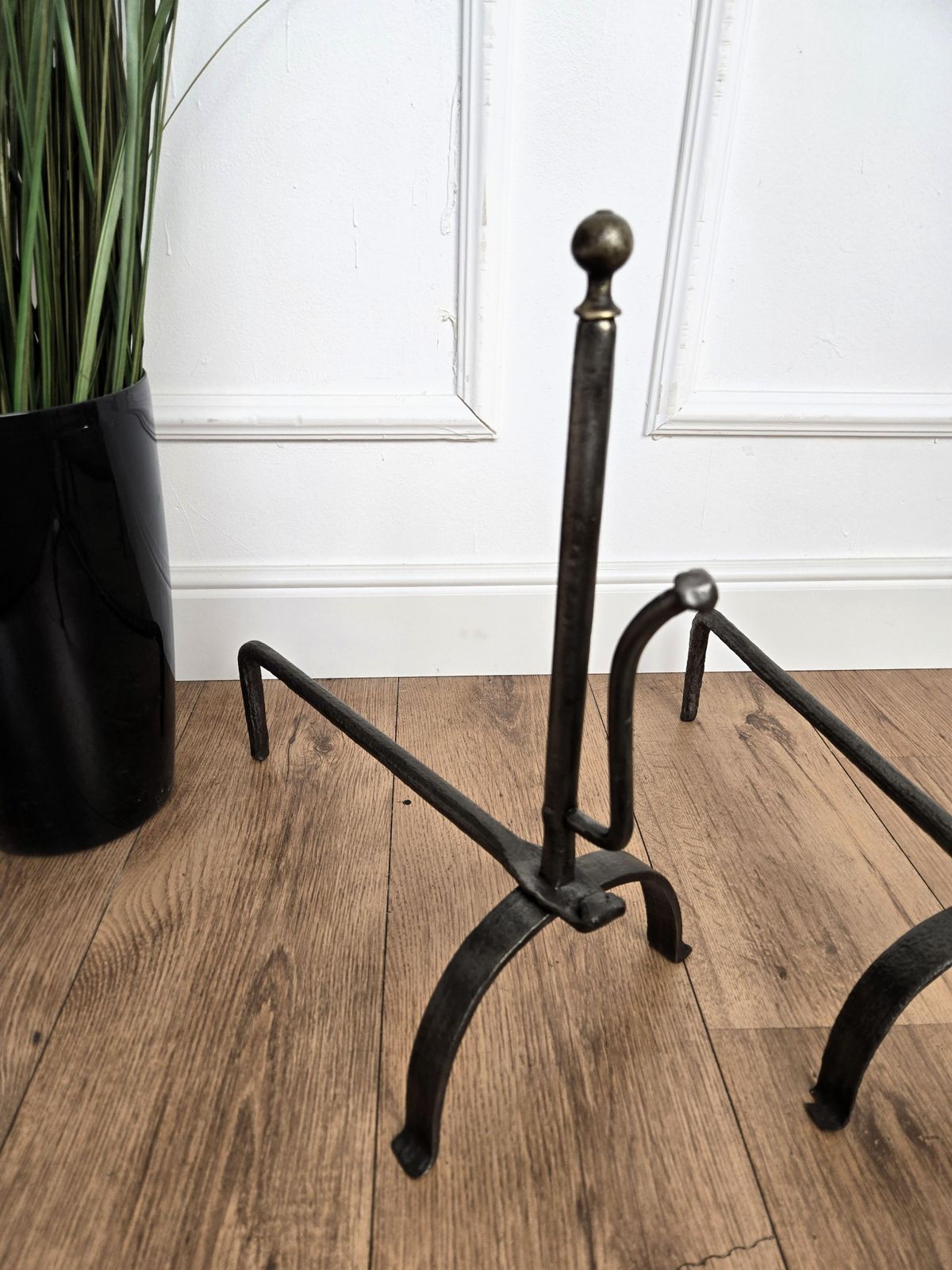 Pair Of Antique Italian Wrought Iron Andirons Fireplace Log Holder photo Home Fixtures