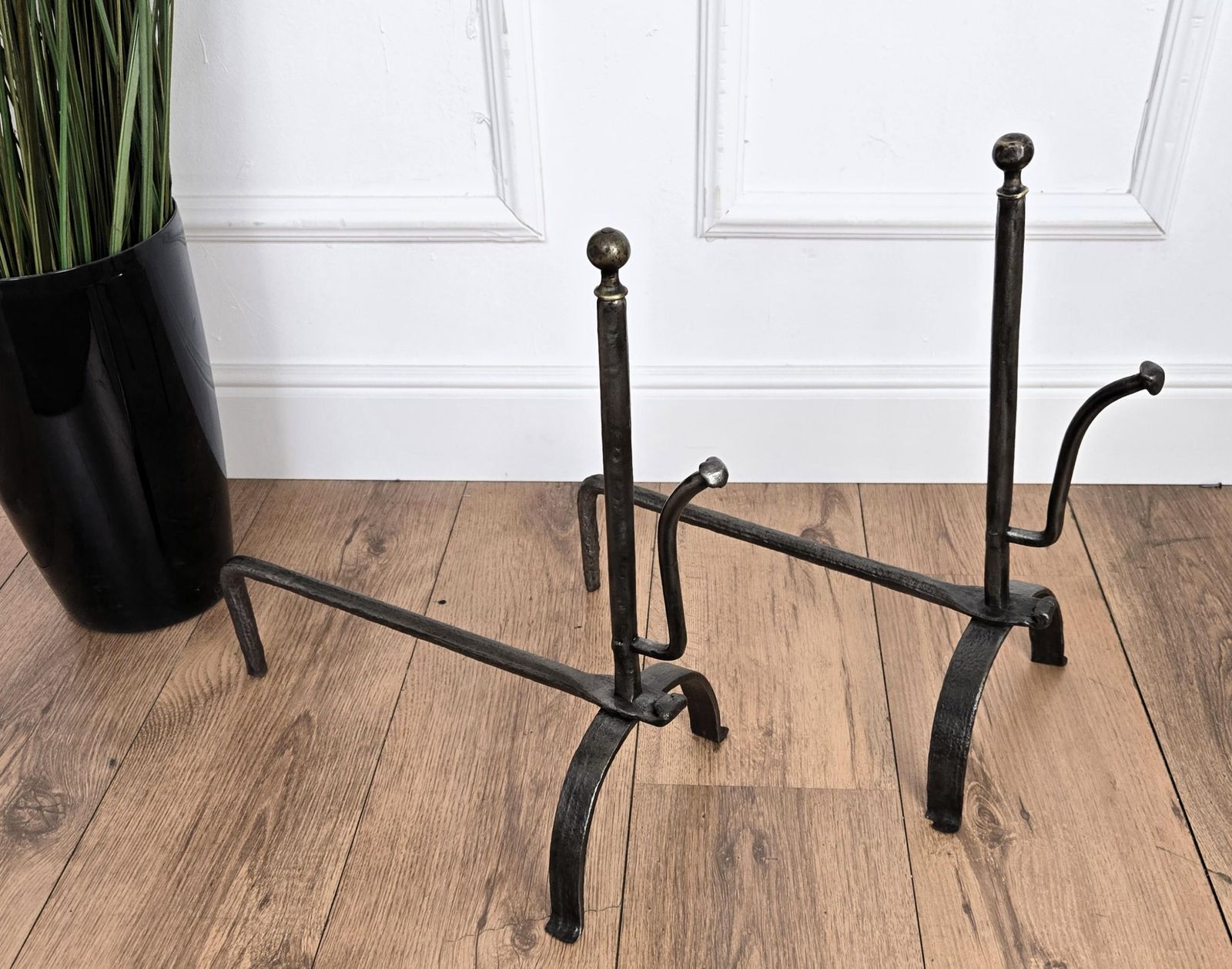 Pair Of Antique Italian Wrought Iron Andirons Fireplace Log Holder photo vintage