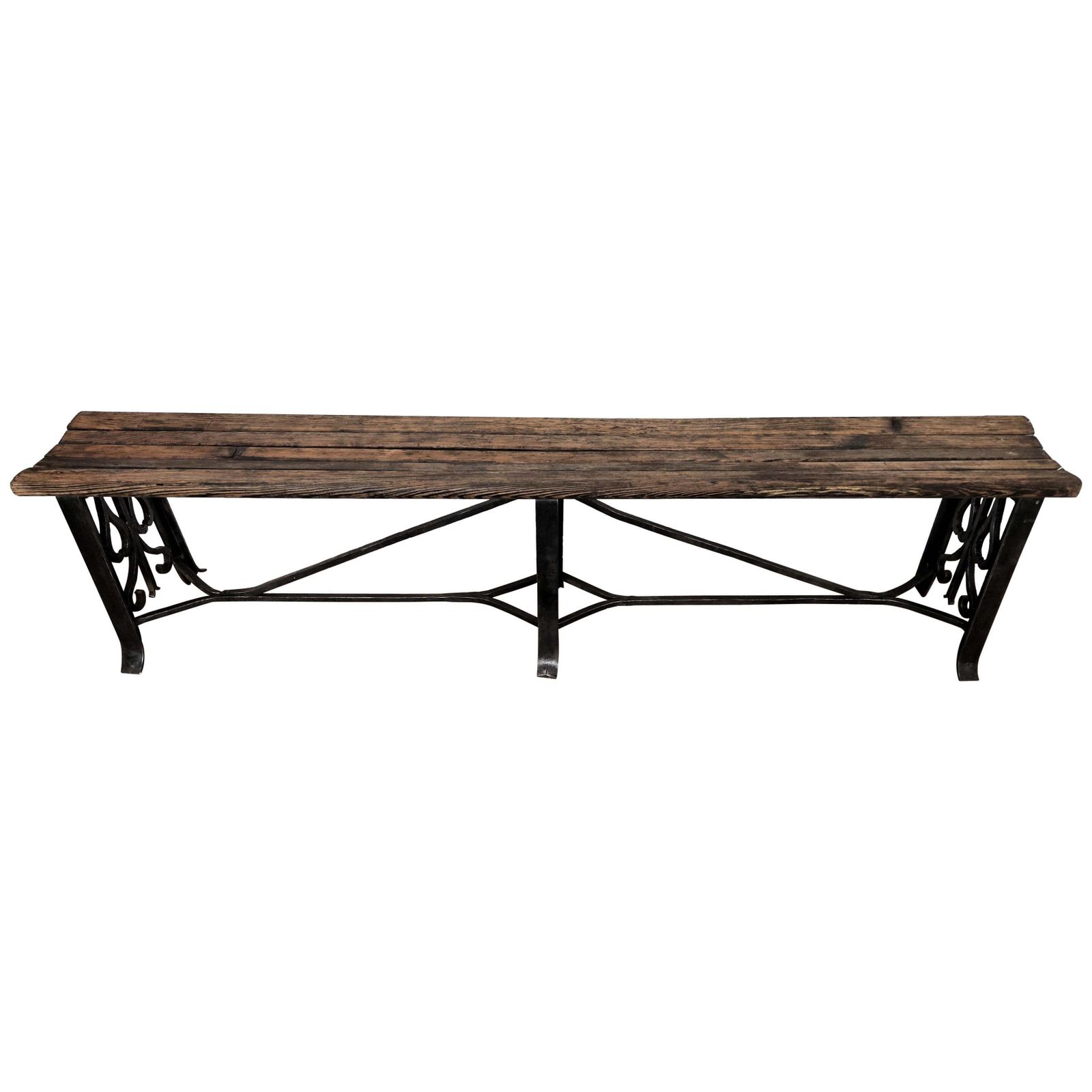Antique Italian Cast Iron Slat Wooden Country Bench Side Table