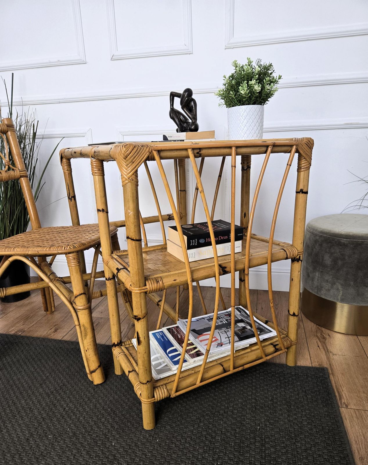 Mid Century Bamboo, Wood And Rattan Writing Table Desk With Chair, Italy 1970s photo vintage