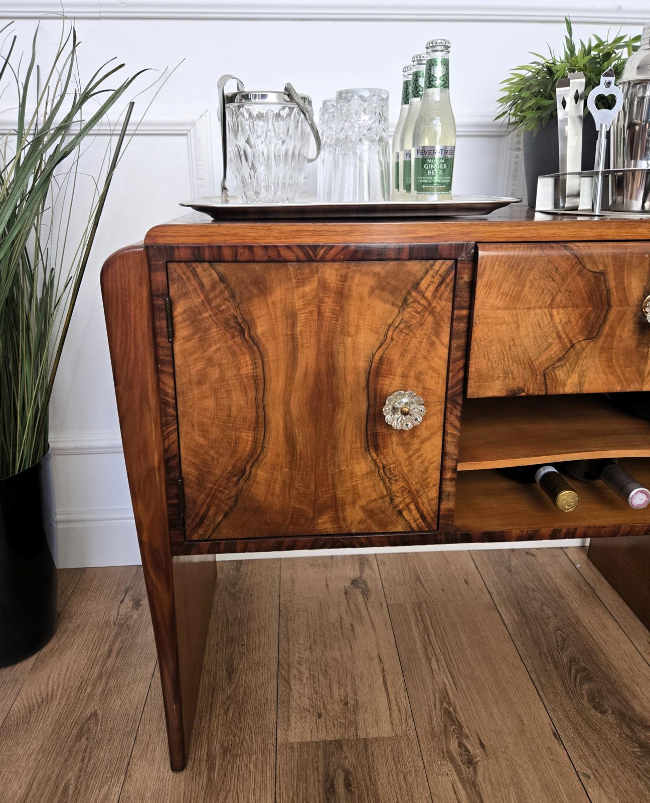 Italian 1940s Art Deco Midcentury Walnut Waterfall Dry Bar Cocktail Cabinet photo buy