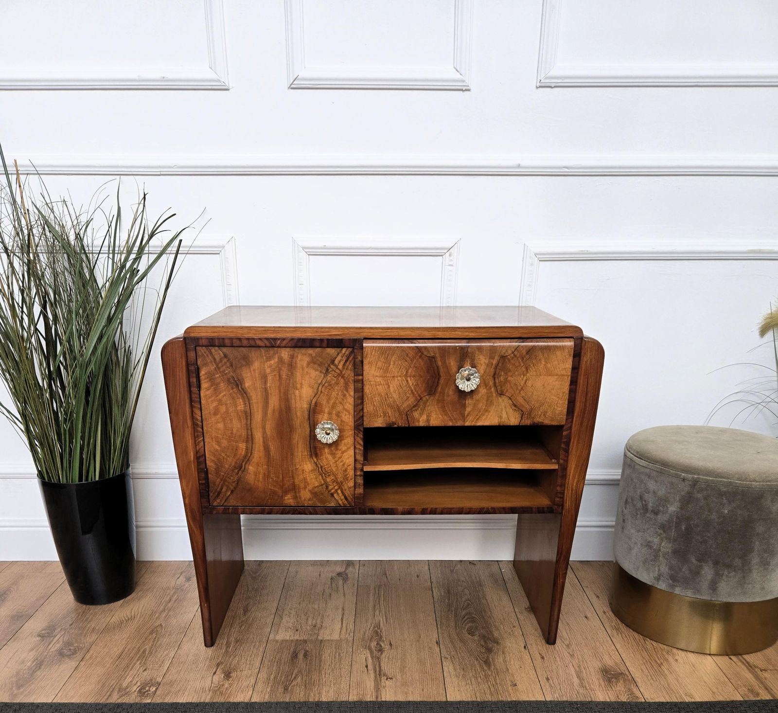 photo furniture Italian 1940s Art Deco Midcentury Walnut Waterfall Dry Bar Cocktail Cabinet