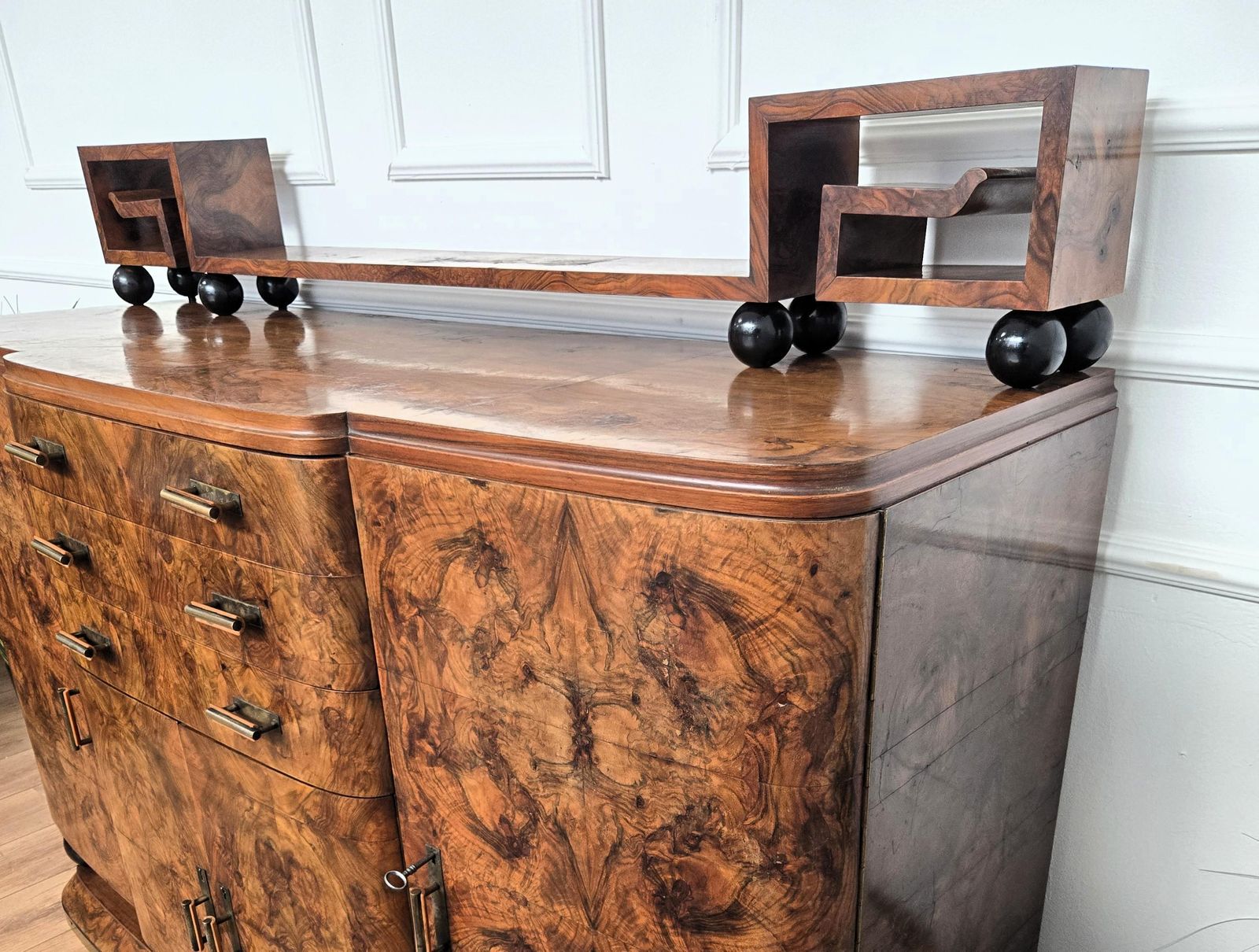 1940s Art Deco Mid Century Italian Walnut Burl Brass Sideboard Buffet Credenza photo vintage