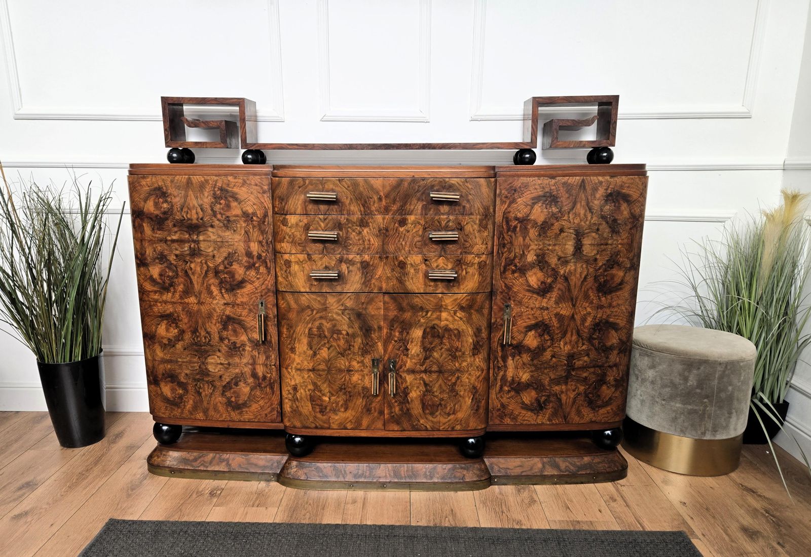Furniture 1940s Art Deco Mid Century Italian Walnut Burl Brass Sideboard Buffet Credenza photo