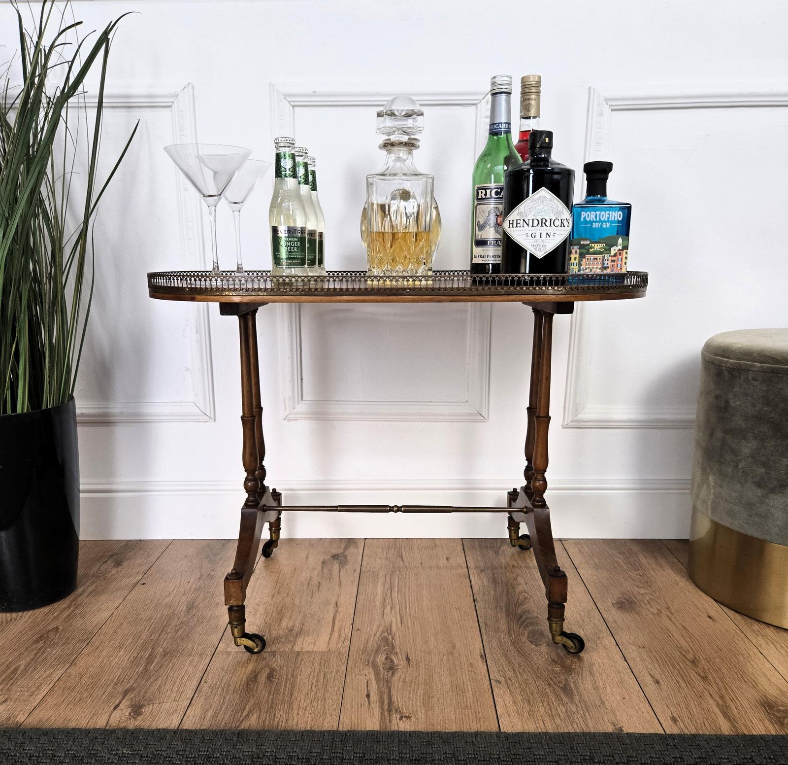 Mid Century Modern Italian Brass Wood Bar Cocktail Side Table Cart photo vinterior