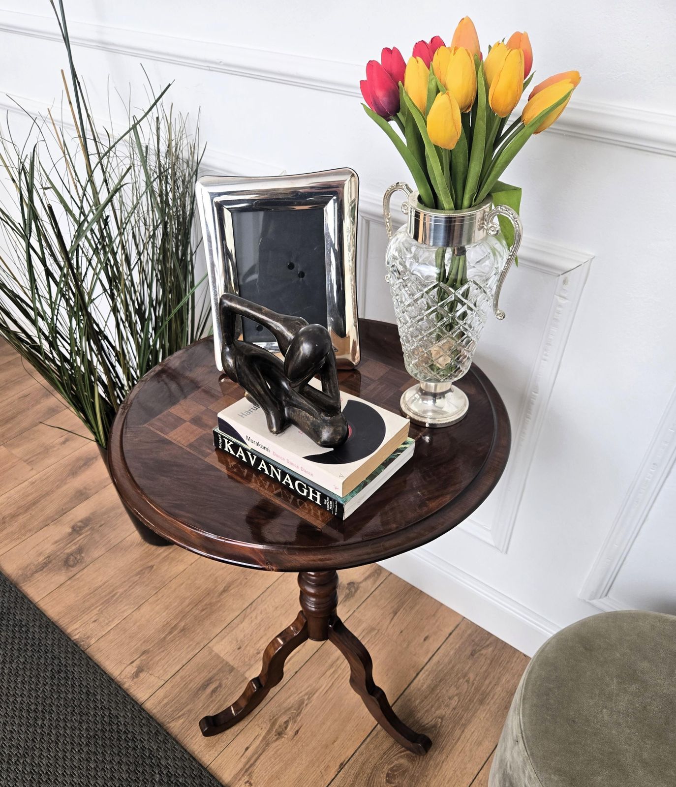 Neoclassical Italian Walnut Inlay Tripod Chess Games Or Side Table photo for sale