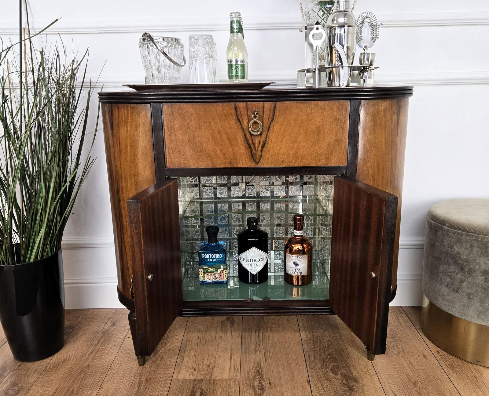 1960s Art Deco Mid Century Italian Walnut Burl And Mirror Mosaic Dry Bar Cabinet photo for sale