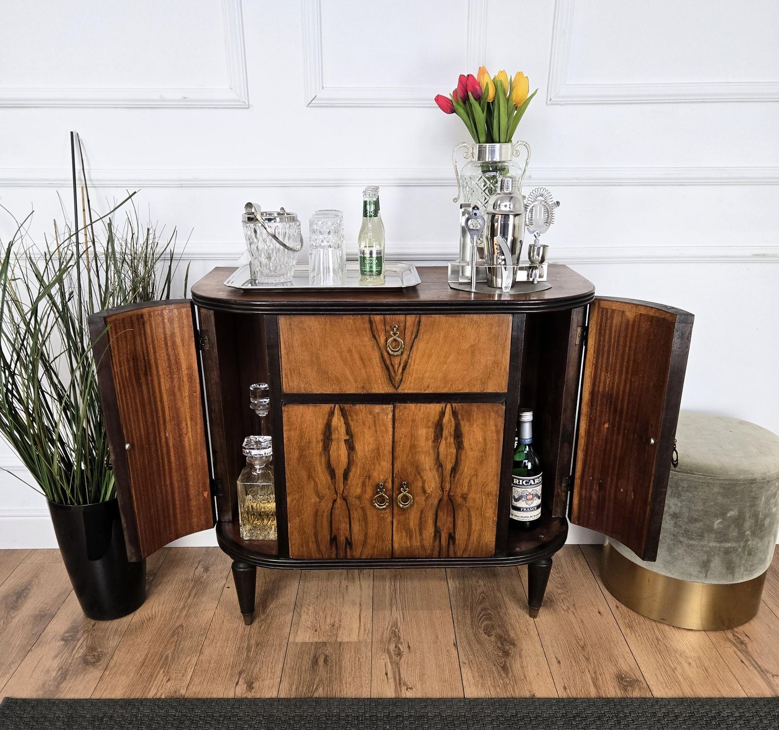 1960s Art Deco Mid Century Italian Walnut Burl And Mirror Mosaic Dry Bar Cabinet photo Furniture