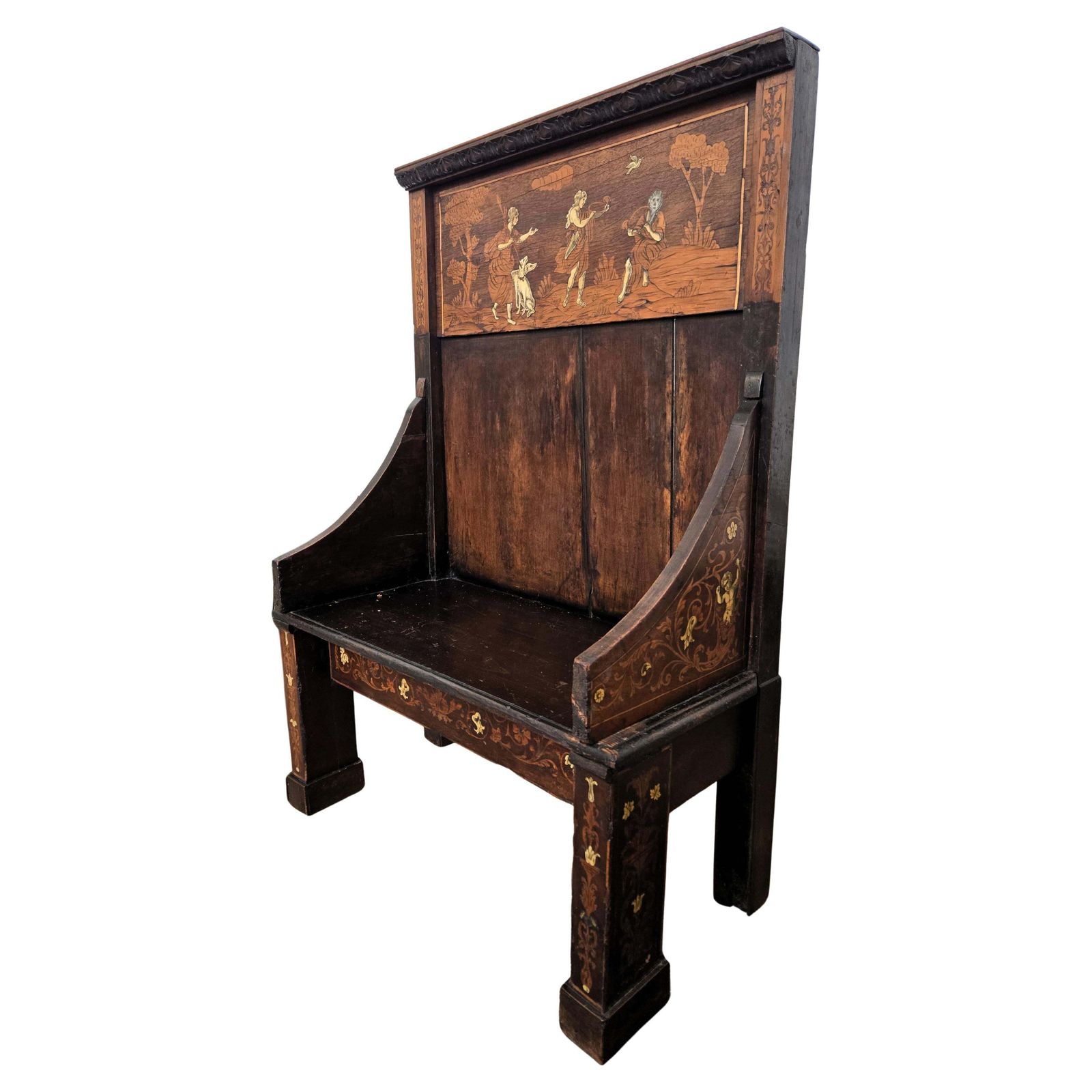 Antique Italian Primitive Rustic Country Marquetry Inlay Wooden Bench