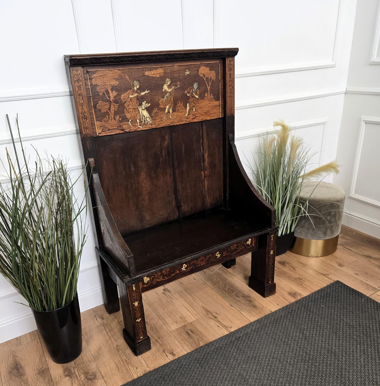 Antique Italian Primitive Rustic Country Marquetry Inlay Wooden Bench photo furniture