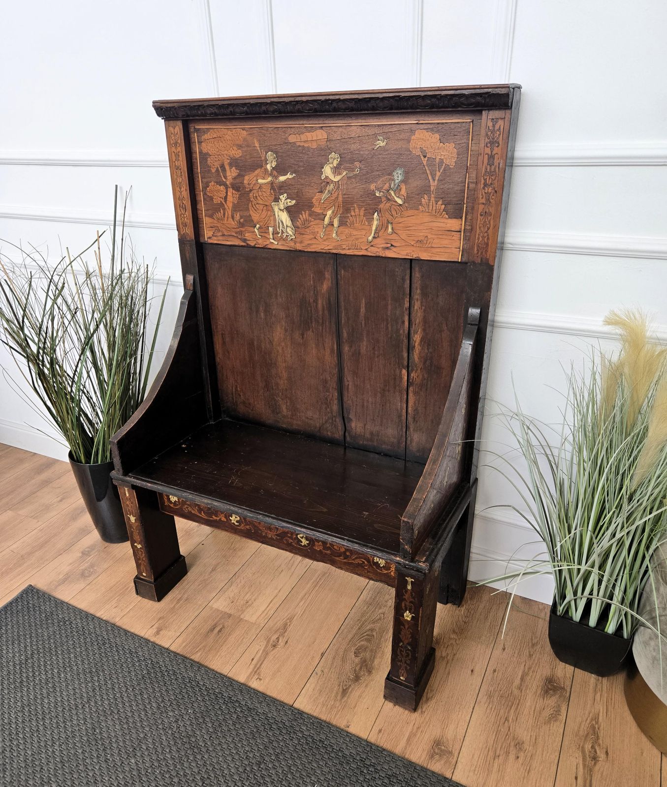 Antique Italian Primitive Rustic Country Marquetry Inlay Wooden Bench photo for sale