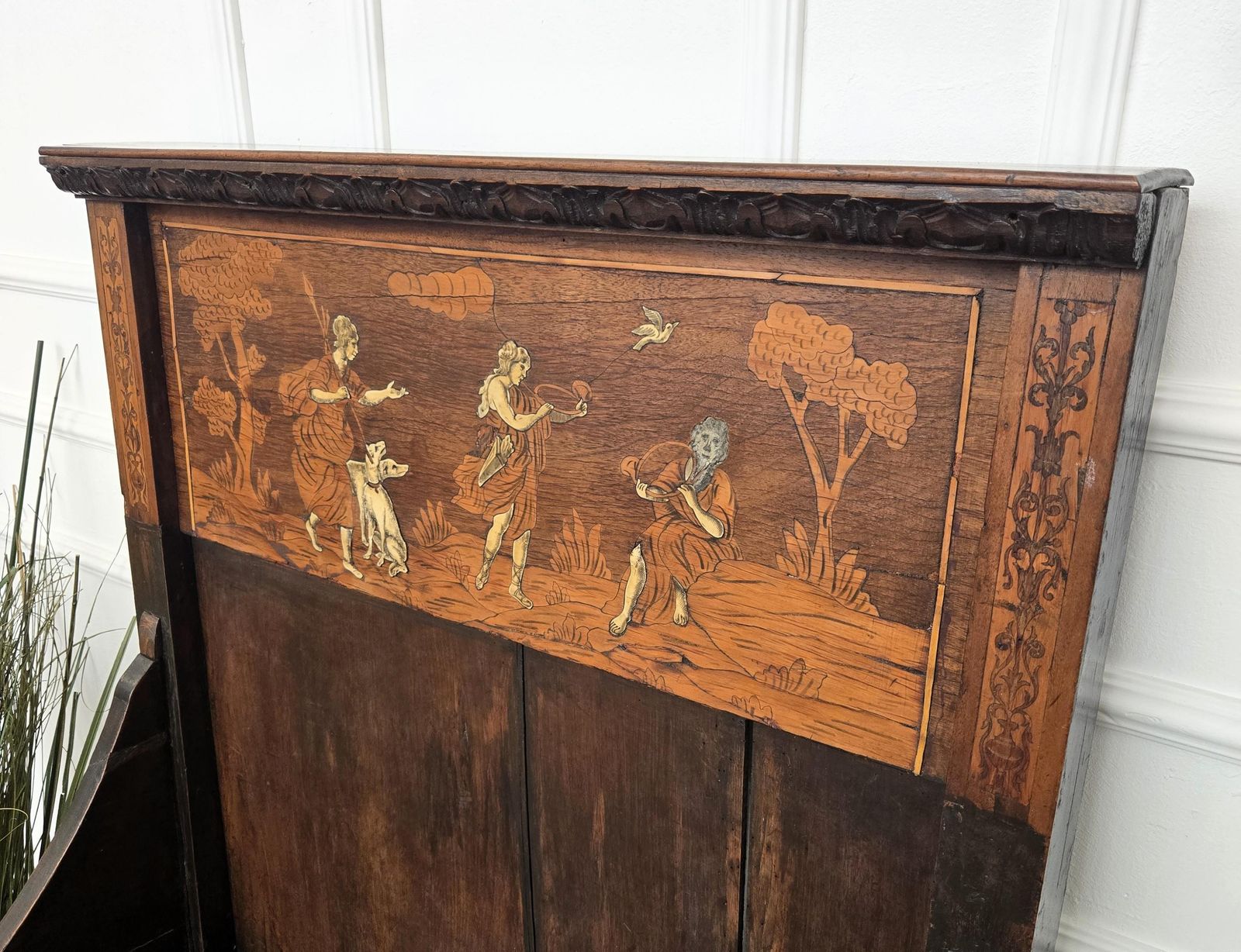 Antique Italian Primitive Rustic Country Marquetry Inlay Wooden Bench photo 1848.0