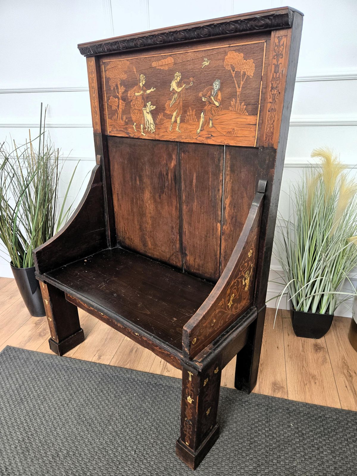 photo furniture Antique Italian Primitive Rustic Country Marquetry Inlay Wooden Bench