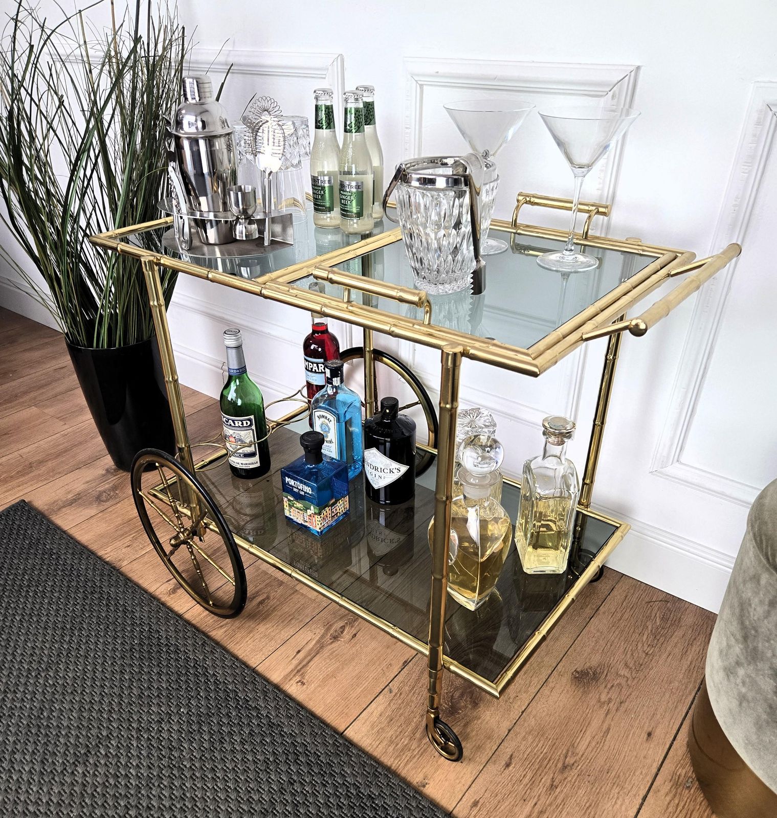 Mid Century Hollywood Regency Two Tier Brass And Glass Bar Cart, Italy, 1970s photo 1417.0