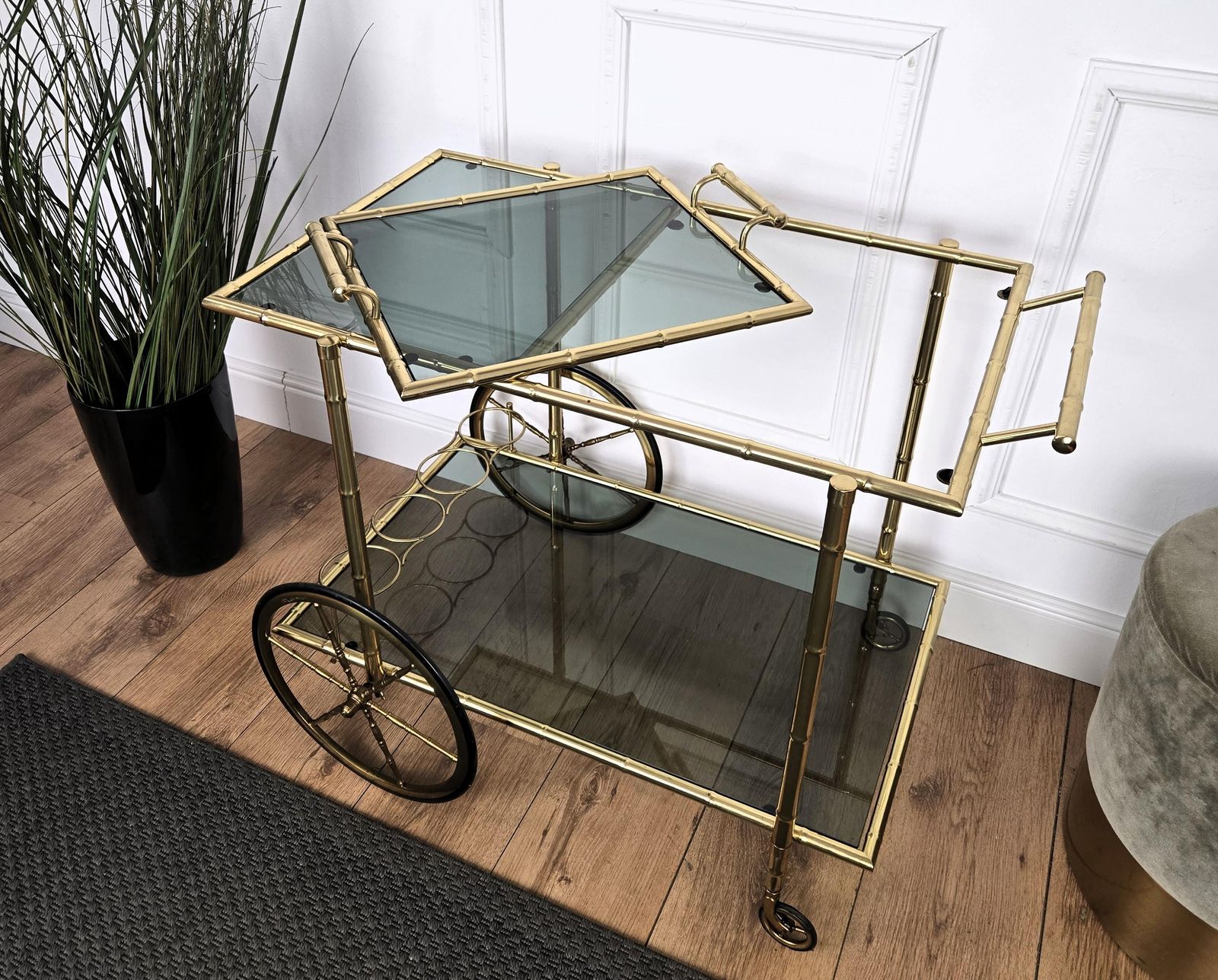 photo furniture Mid Century Hollywood Regency Two Tier Brass And Glass Bar Cart, Italy, 1970s