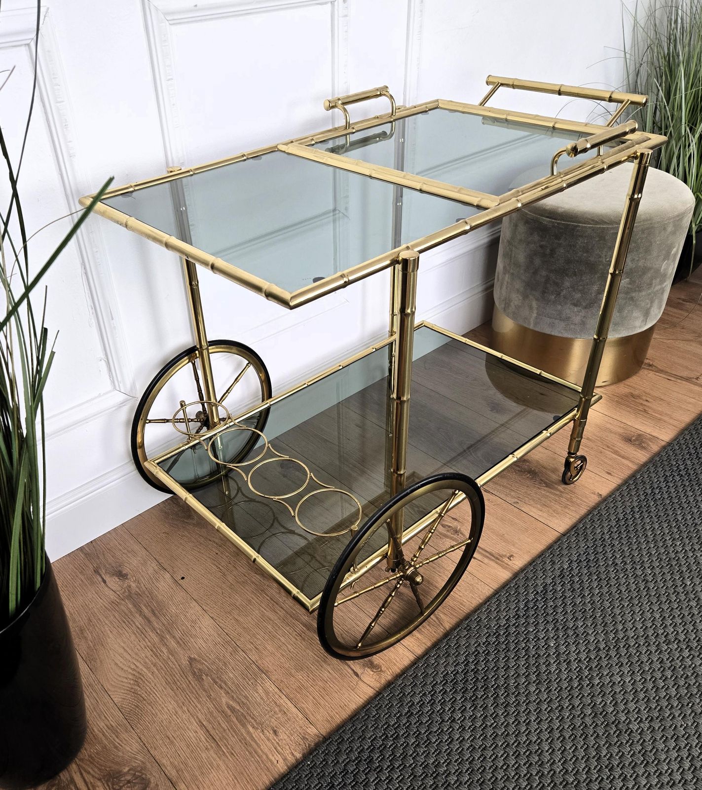 photo for sale Mid Century Hollywood Regency Two Tier Brass And Glass Bar Cart, Italy, 1970s