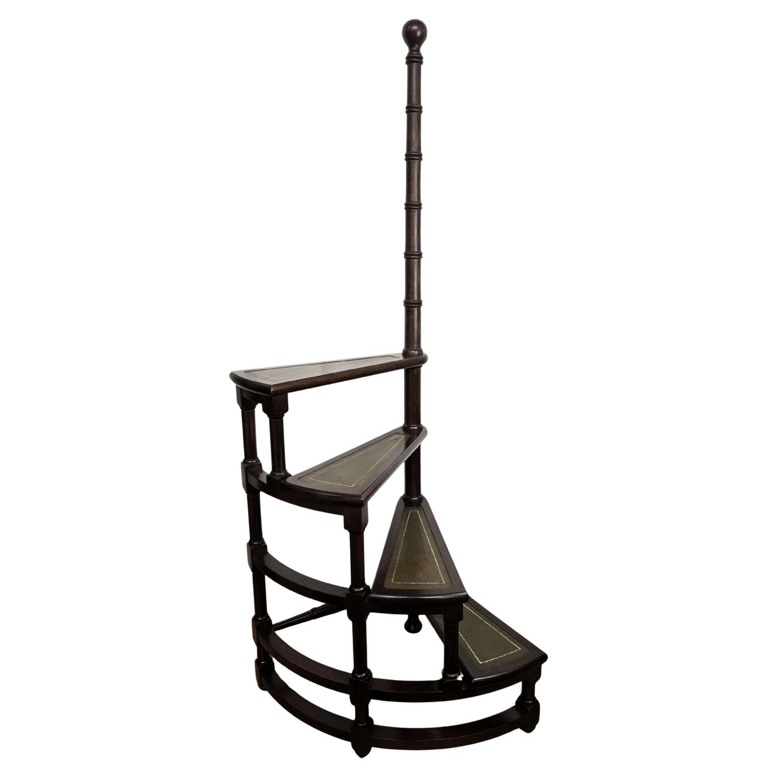 Midcentury Italian Carved Walnut Wood And Leather Spiral 4 Step Library Ladder