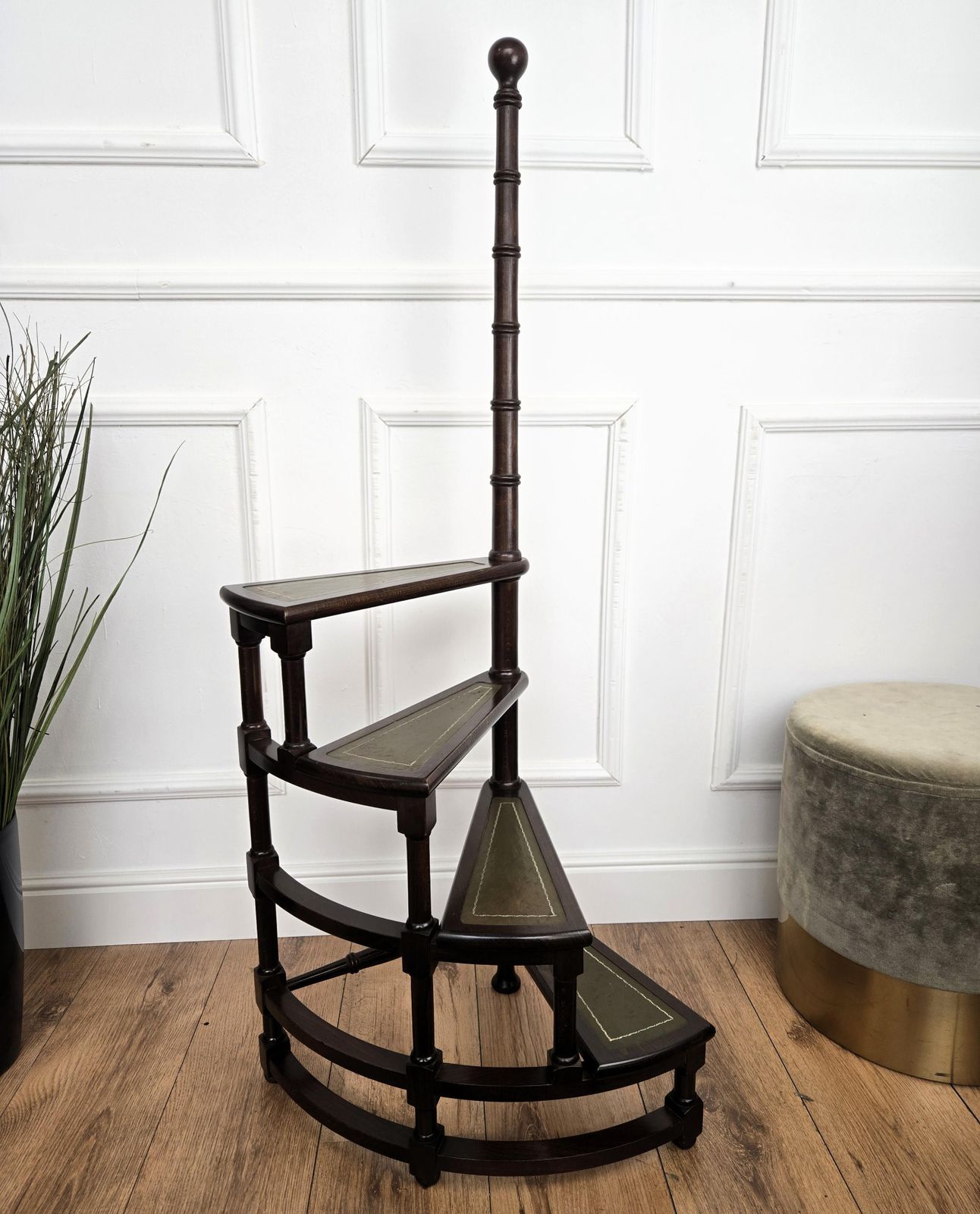Midcentury Italian Carved Walnut Wood And Leather Spiral 4 Step Library Ladder photo furniture