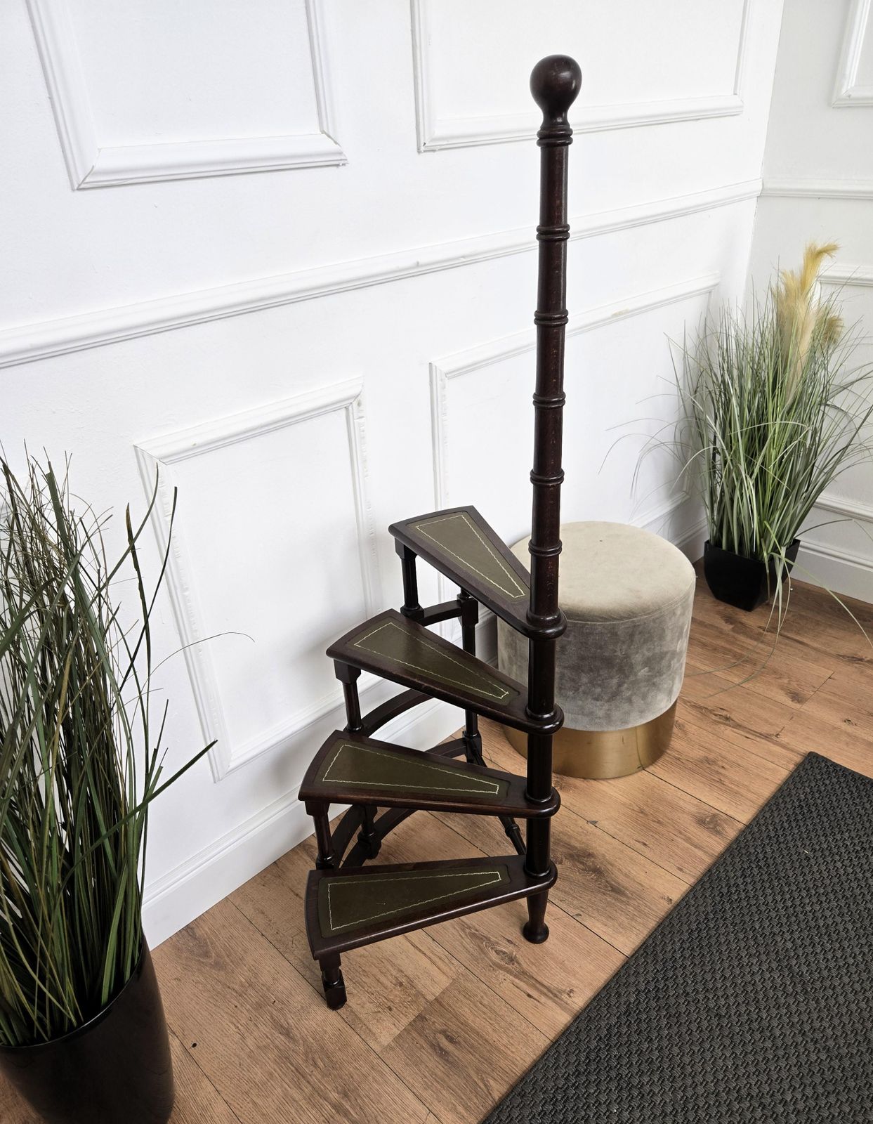 Midcentury Italian Carved Walnut Wood And Leather Spiral 4 Step Library Ladder photo Home Decor