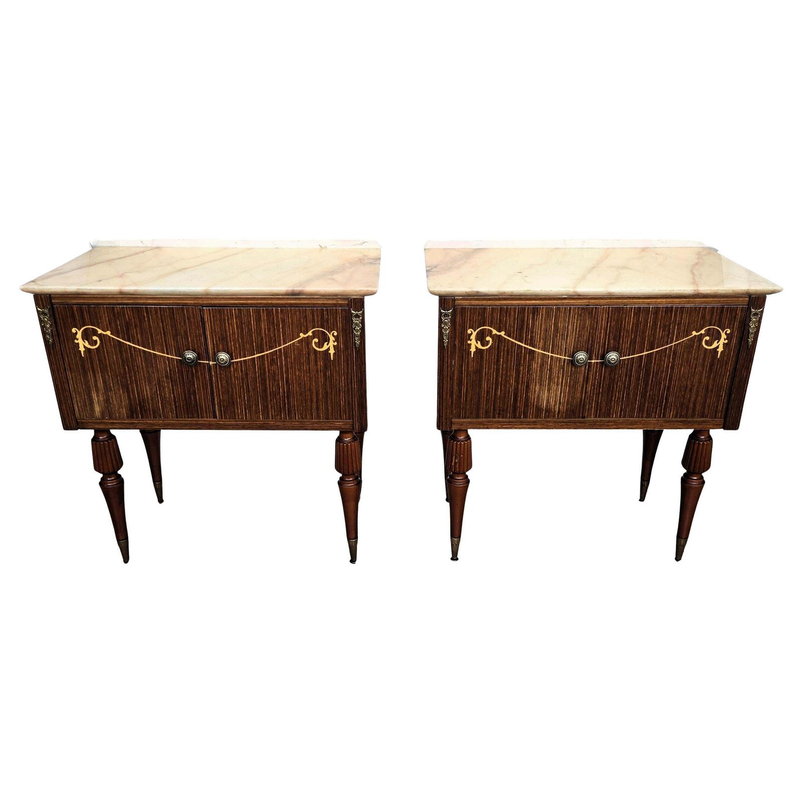 Pair Of Italian Art Deco Burl Veneer Wood Marble Top Night Stands Bedside Tables