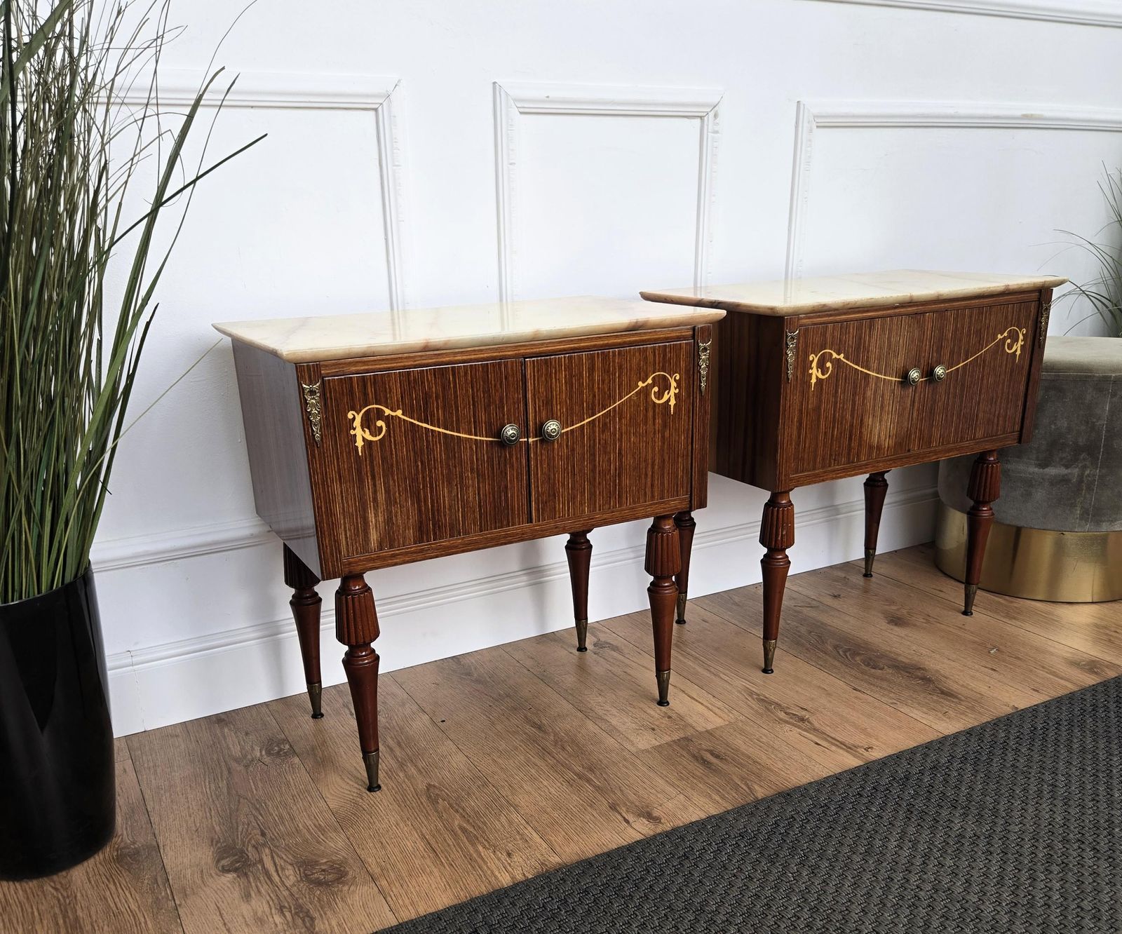 Pair Of Italian Art Deco Burl Veneer Wood Marble Top Night Stands Bedside Tables photo 1518.0