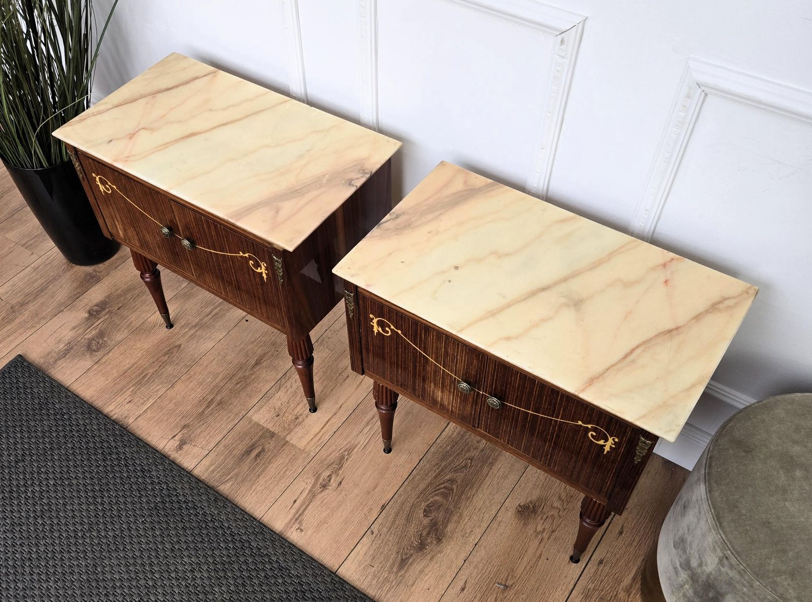 Pair Of Italian Art Deco Burl Veneer Wood Marble Top Night Stands Bedside Tables photo vinterior