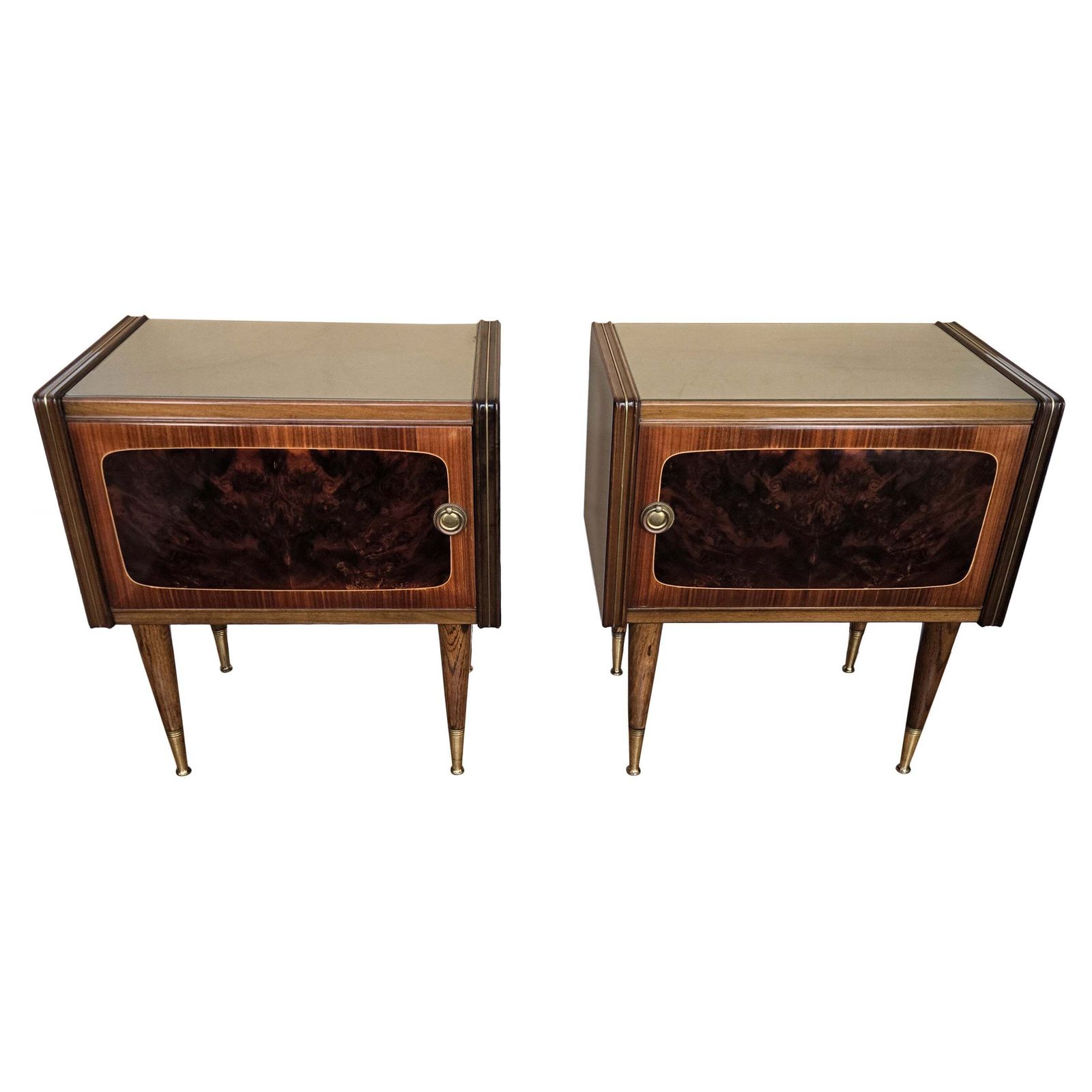 Pair Of Mid Century Italian Art Deco Nightstands Bedside Tables Walnut Glass Top