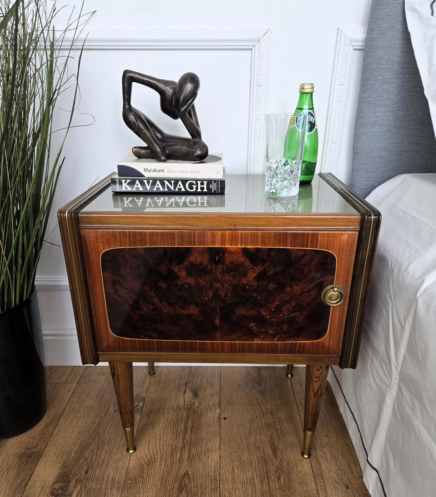 Pair Of Mid Century Italian Art Deco Nightstands Bedside Tables Walnut Glass Top photo for sale