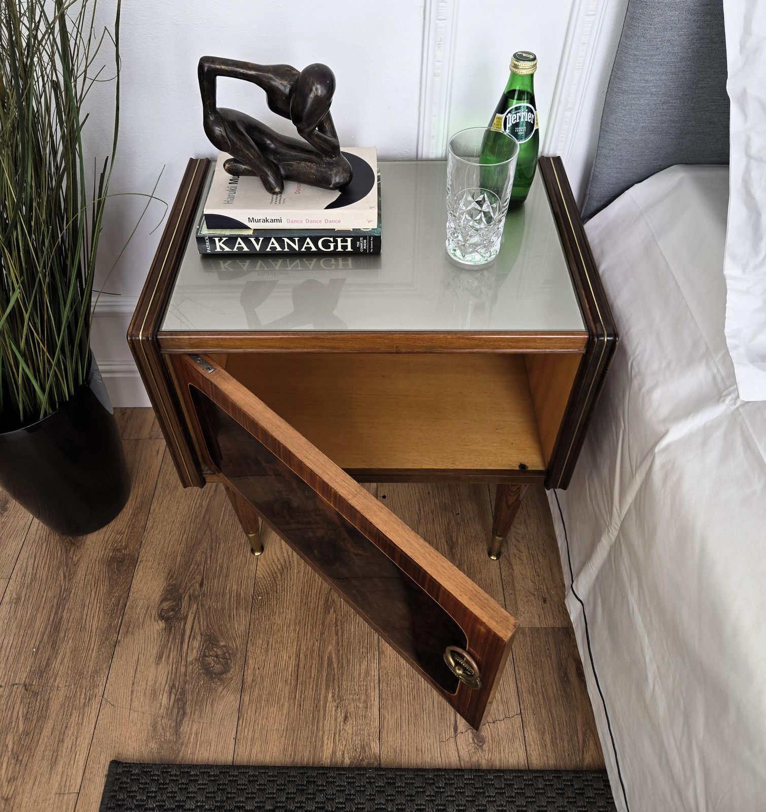Pair Of Mid Century Italian Art Deco Nightstands Bedside Tables Walnut Glass Top photo Furniture