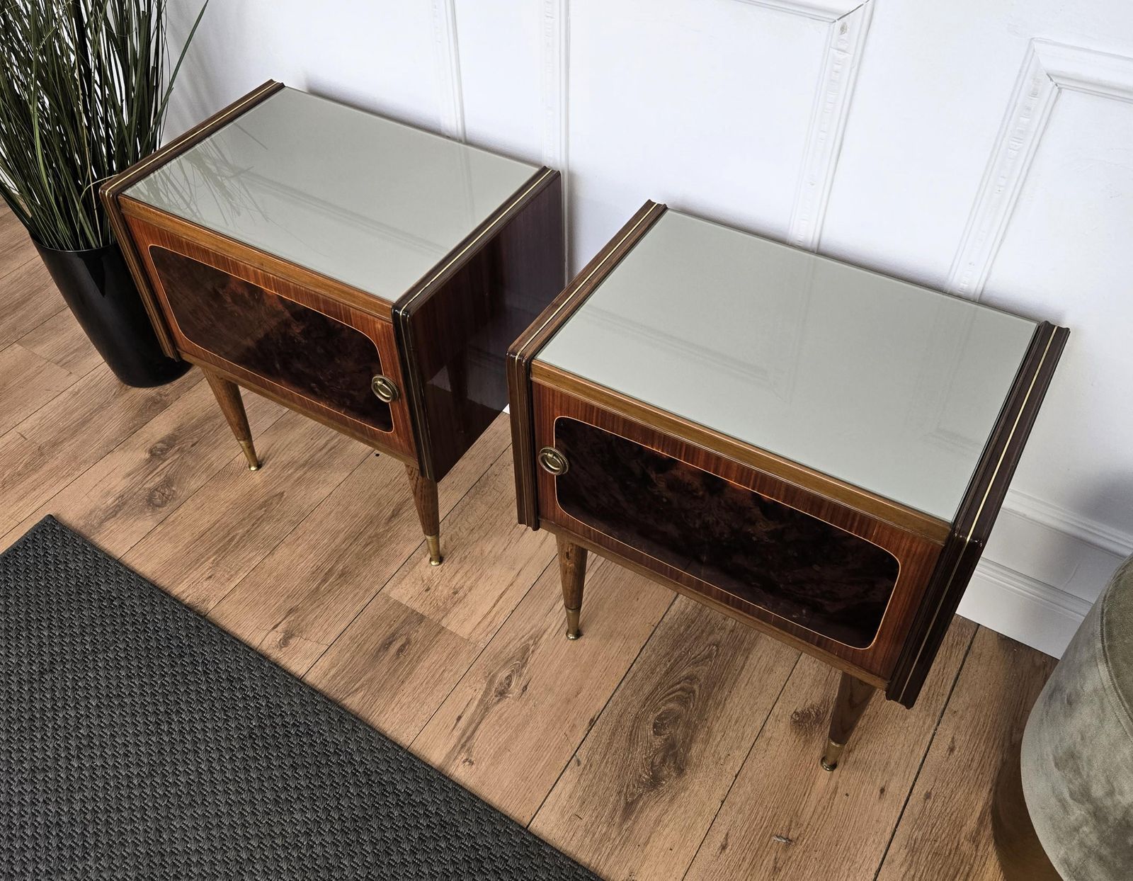 Pair Of Mid Century Italian Art Deco Nightstands Bedside Tables Walnut Glass Top photo buy
